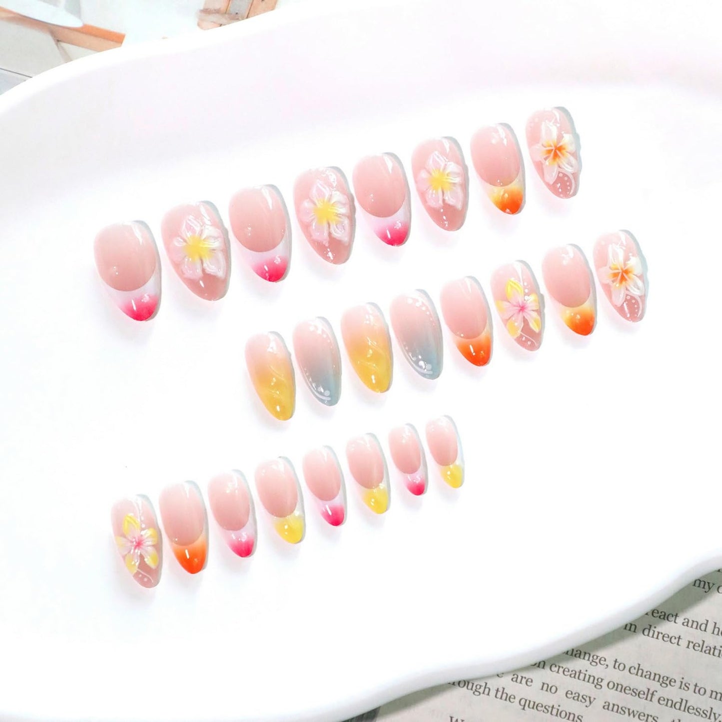 French Tip Press on Nails Medium Almond SWEKKE 3D Flower Fake Nails False Nails with Plumeria Designs Hawaii Glossy Glue on Nails Summer Stick on Nails for Women Girls 24Pcs