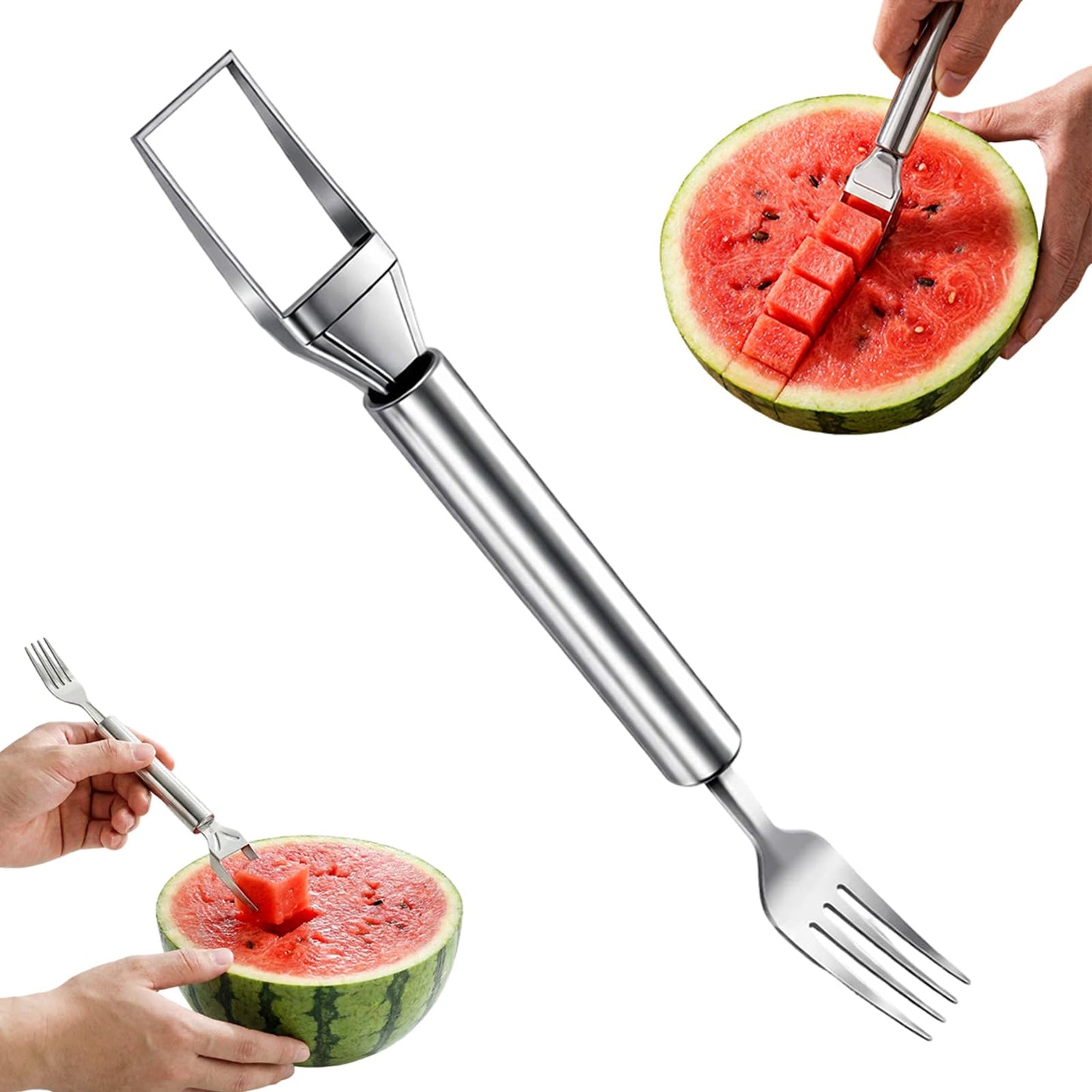 2-in-1 Stainless Steel Fruit Cutter, 2026 New Watermelon Fork Slicer Tool, Watermelon Slicer and Fork, Dual Head Fruit Forks for Home, Kitchen Fruit Cubes (1, Style-A)