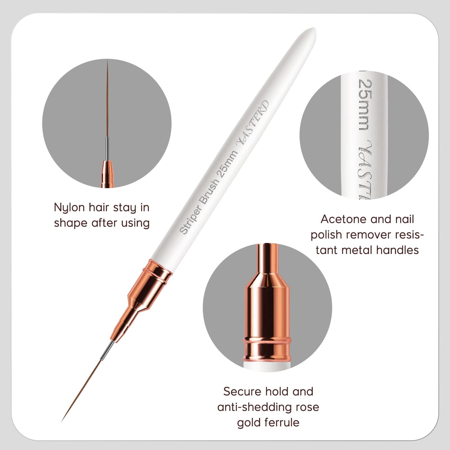 Yasterd 6pcs Striper Brush Set - Long Lines, Thin Details, Elongated Lines, White Metal Handle Nail Brushes for Nail Art - Sizes 5/7/9/11/15/25mm