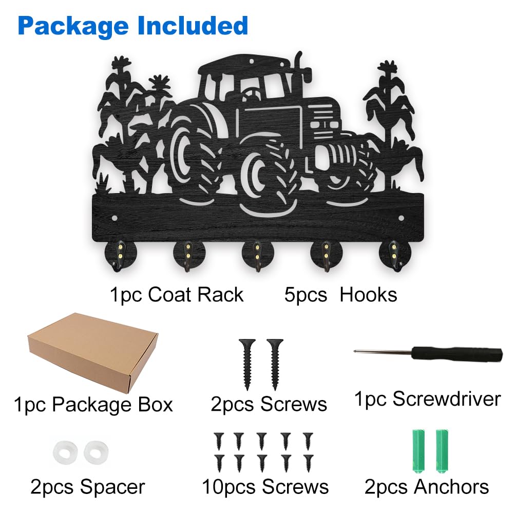 MAYJOYDIY Wooden Tractor Corn Field Coat Hooks Farm Vehicle Crops Key Holder for Wall 11.8×7.9inch Decorative Gift Wall Key Rack Organizer 5 Alloy Hooks for Farmhouse Kitchen Entryway