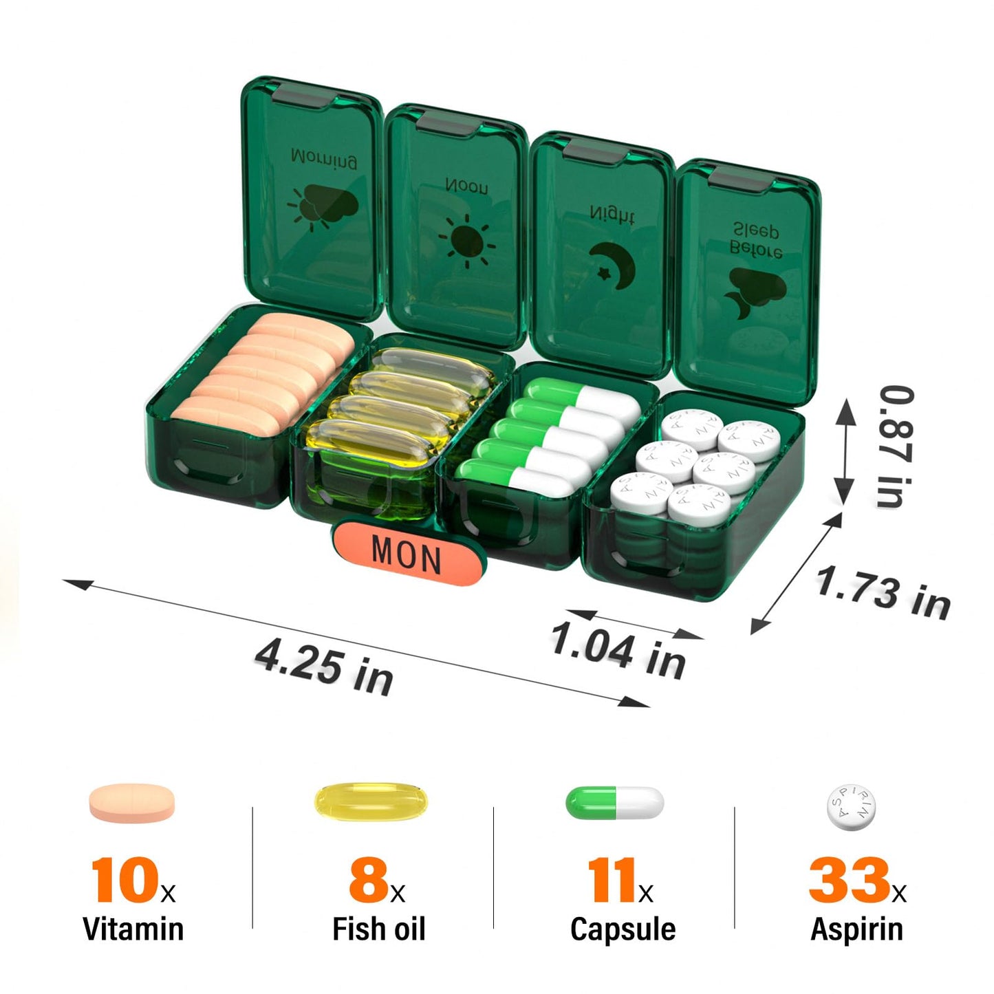 Weekly Pill Organizer 4 Times a Day, Large Compartments Pill Box 4X 7 Day, Medicine Organizer Pill Case for Pills/Vitamins/Fish Oils/Medication/Supplements (4x7 Dark Green)