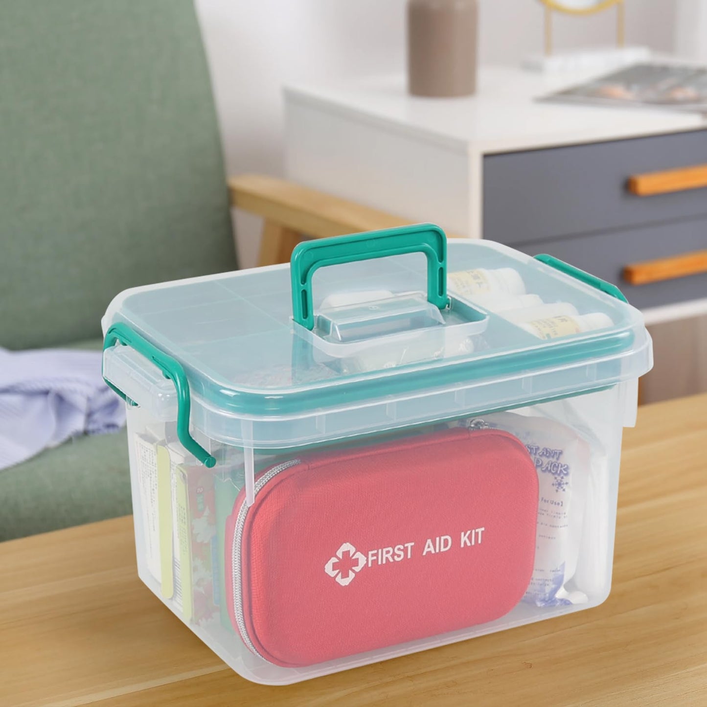 Waikhomes Plastic Divided First Aid Storage Box Kit, Portable Handled Medicine First Aid Box, Medicine Basic Organizer Holder