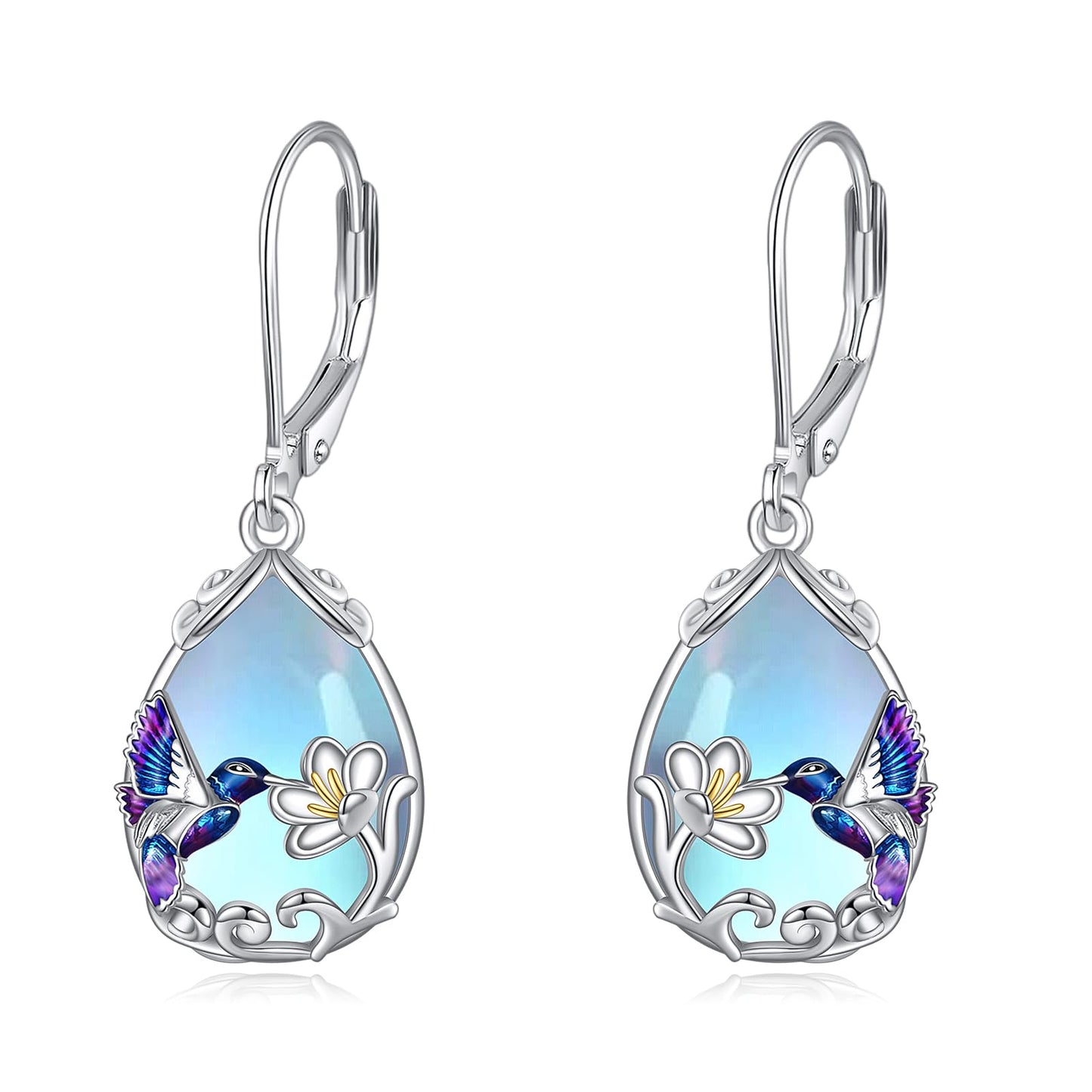 YFN Hummingbird Flower Dangle Earrings with Blue Enamel and Purple Moonstone Earrings, 925 Sterling Silver