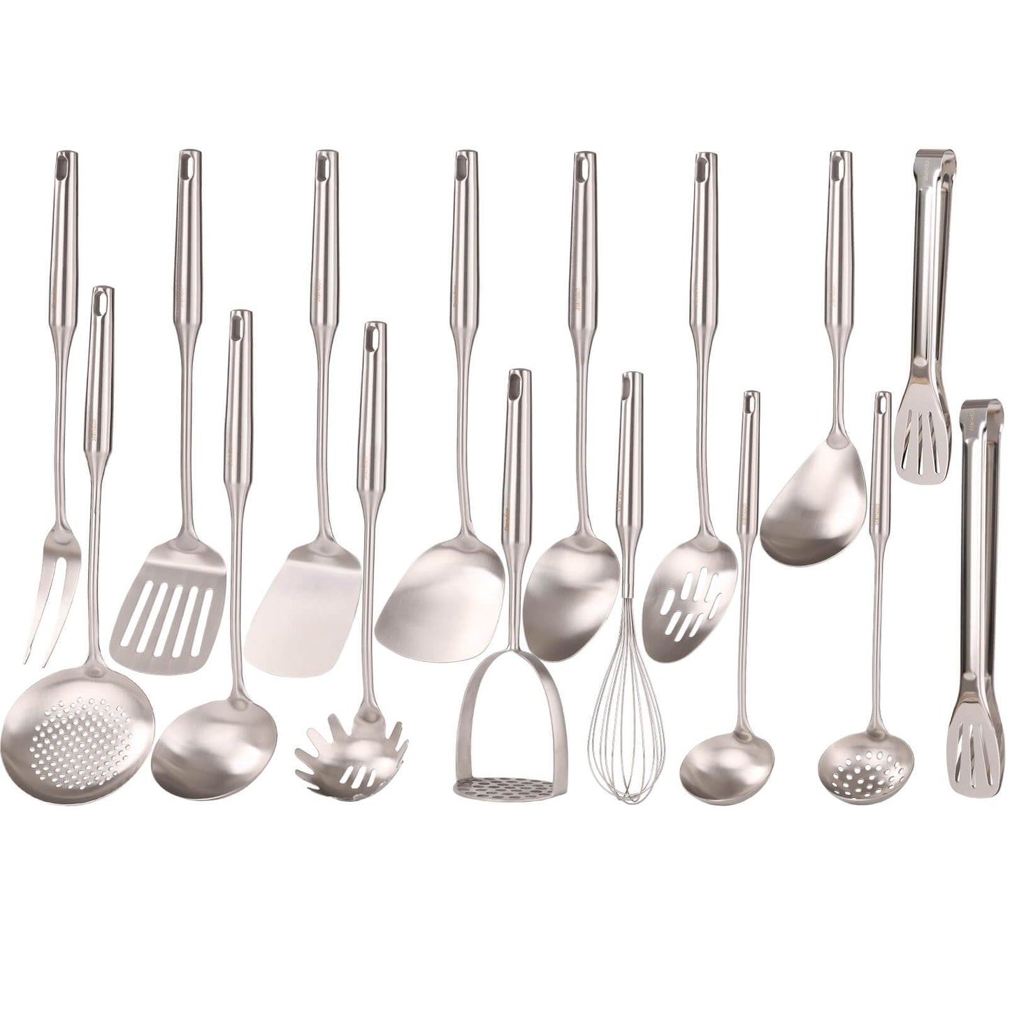 18/10 Stainless Steel Cooking Utensils Set - 16 PCS All Metal Small & Large Kitchen Spoons, Serving Utensils - Whisk, Masher, Fork, Tongs, Solid/Slotted Spoon, Spatula, Turner, Ladle, Skimmer, Pasta