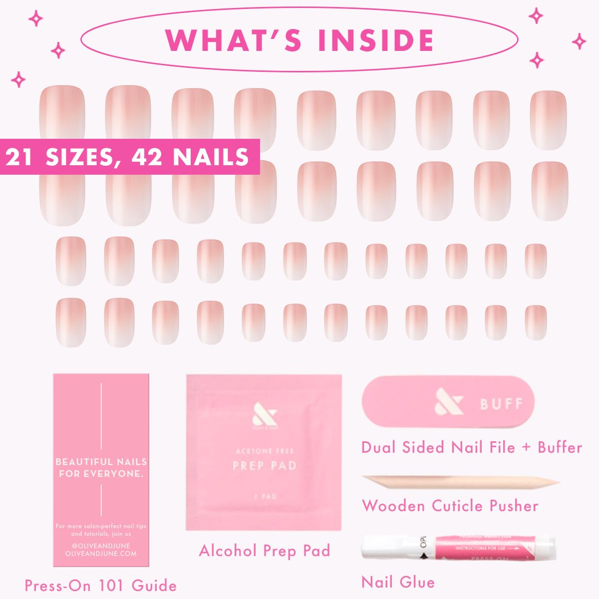 Olive & June Minimalist Instant Mani Press On Nails (Glue) | 42 Fake Nails, 21 Sizes | Non-Toxic, Long-Lasting Barely-There Look | Salon-Quality at Home | Extra Short, Squoval | HZ Syrup Gradient
