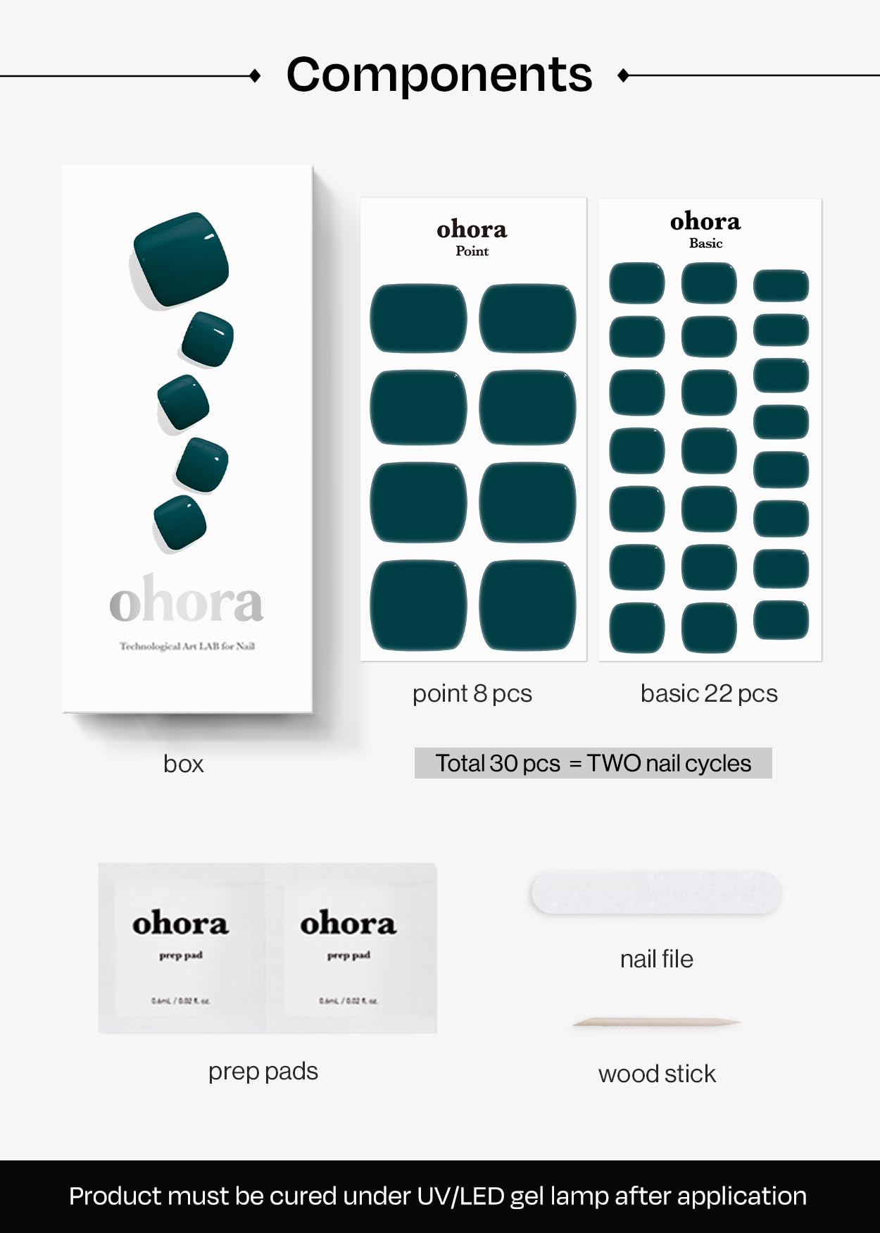ohora Semi Cured Gel Pedi Strips (P Peacock Blue) - Green, Solid, Works with Any UV/LED Lamps, Salon-Quality, Long Lasting, Easy to Apply & Remove - Includes 2 Prep Pads, Nail File & Wooden Stick