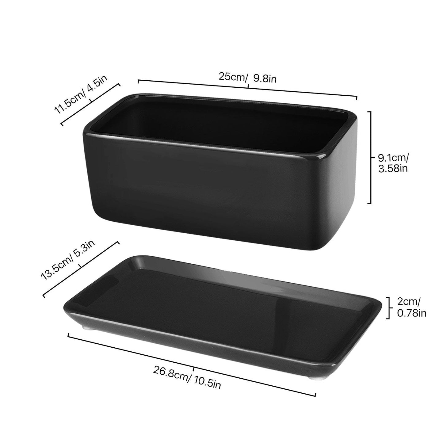 Flexzion 10 Inch Rectangular Ceramic Succulent Planter Pot - Cactus Herb Flower Container Window Box Holder with Removable Drip Tray Base for Tabletop Desktop Indoor Outdoor Home Office Garden (Black)