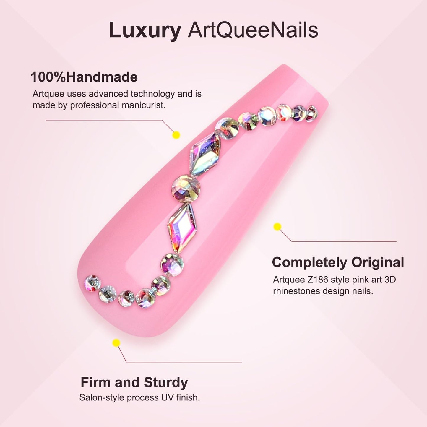 Artquee 24Pcs Pink Coffin Press on Nails Long Fake Nails with Rhinestones Design Reusable False Nail Art Manicure Stick on Nails Kit for Women