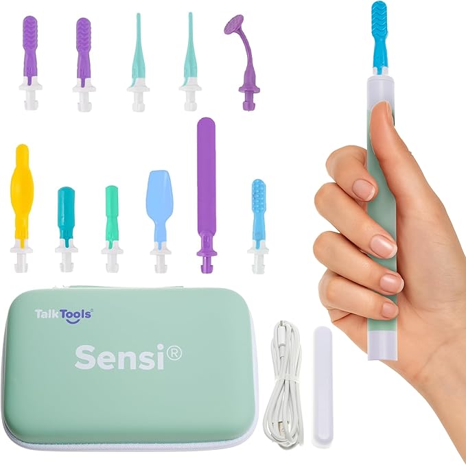 TalkTools Sensi Rechargeable Oral Sensory Therapy Tool with Soft Sensi Jaw Tips – 12-Piece Adjustable Sensory Stimulation Set for Oral Motor Awareness & Feeding Skill Development – Green