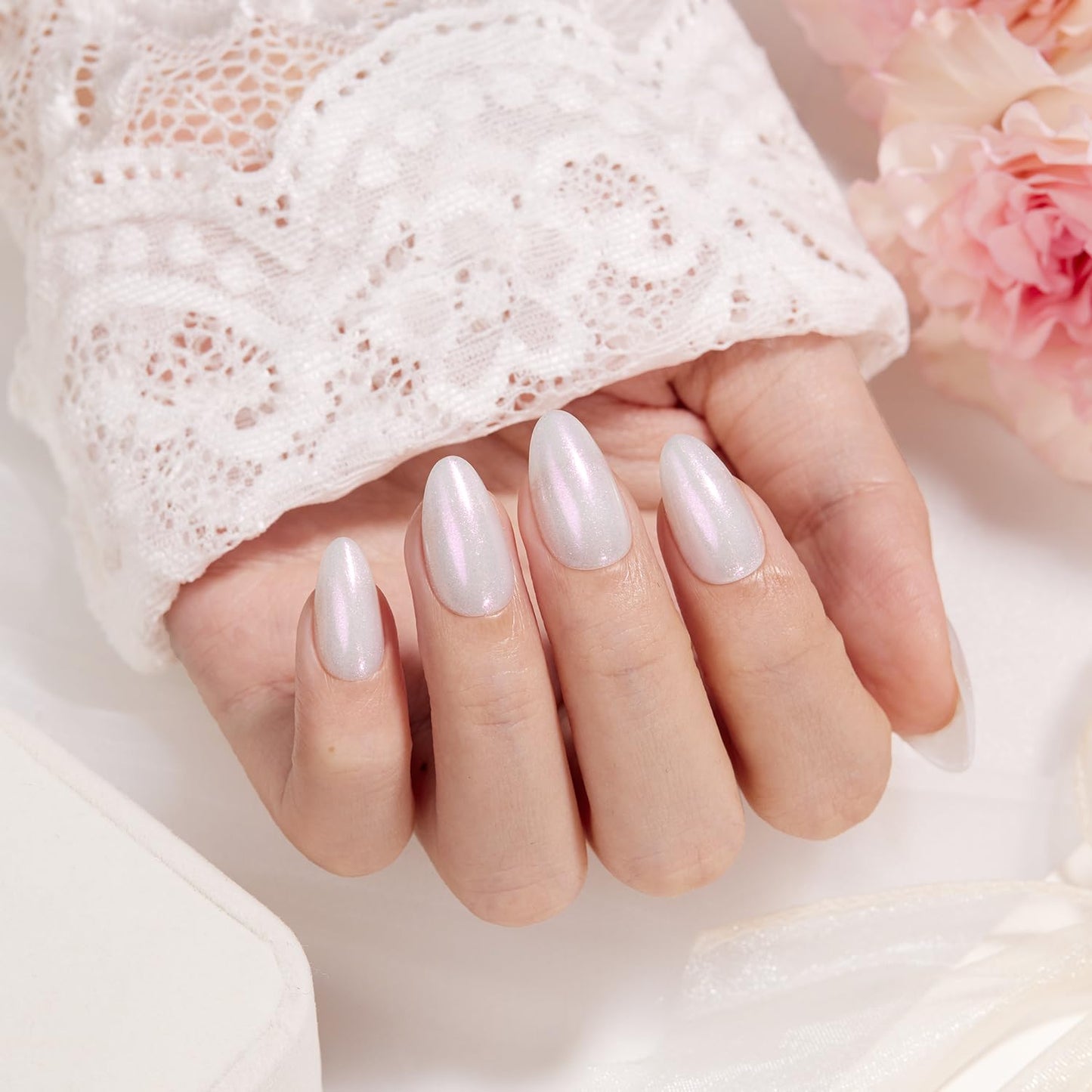 VSALON Press On Nails Short Almond, Shimmer White Opaque Fake Nails & Lamp