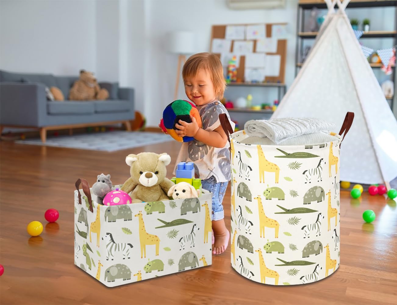 NTAOHAMPER Rectangular Green Storage Basket,Collapsible Gift Basket with Handles,Kids Toys/Books Box,Room Decor(Green Animal)