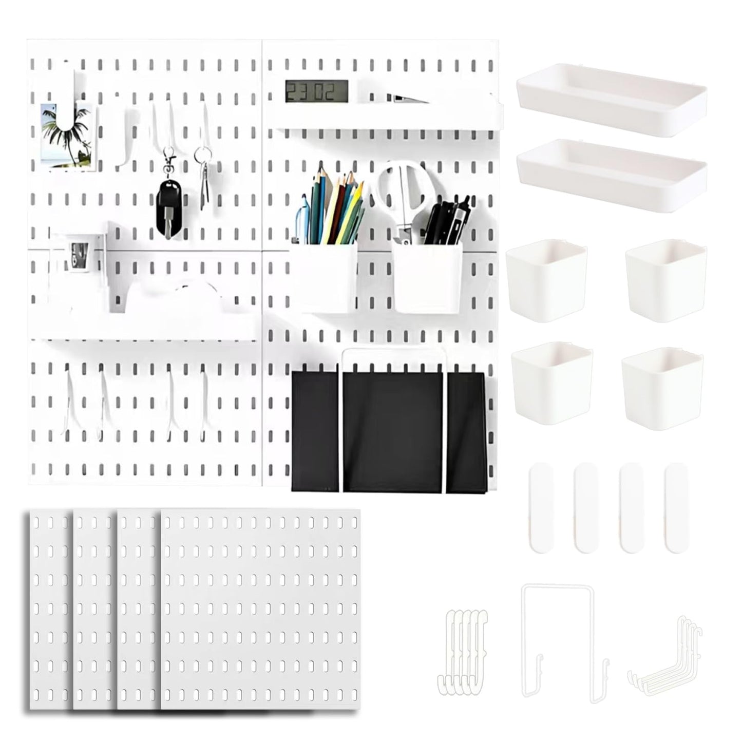 Pegboard Wall Mounted Organizer Storage Set, Includes 4 White Pegboards and 20 Hanging Accessories, 23" x 23" Plastic PegBoard Panels Combination Kit for Home, Office, Garage Tool Storage & Craft Room