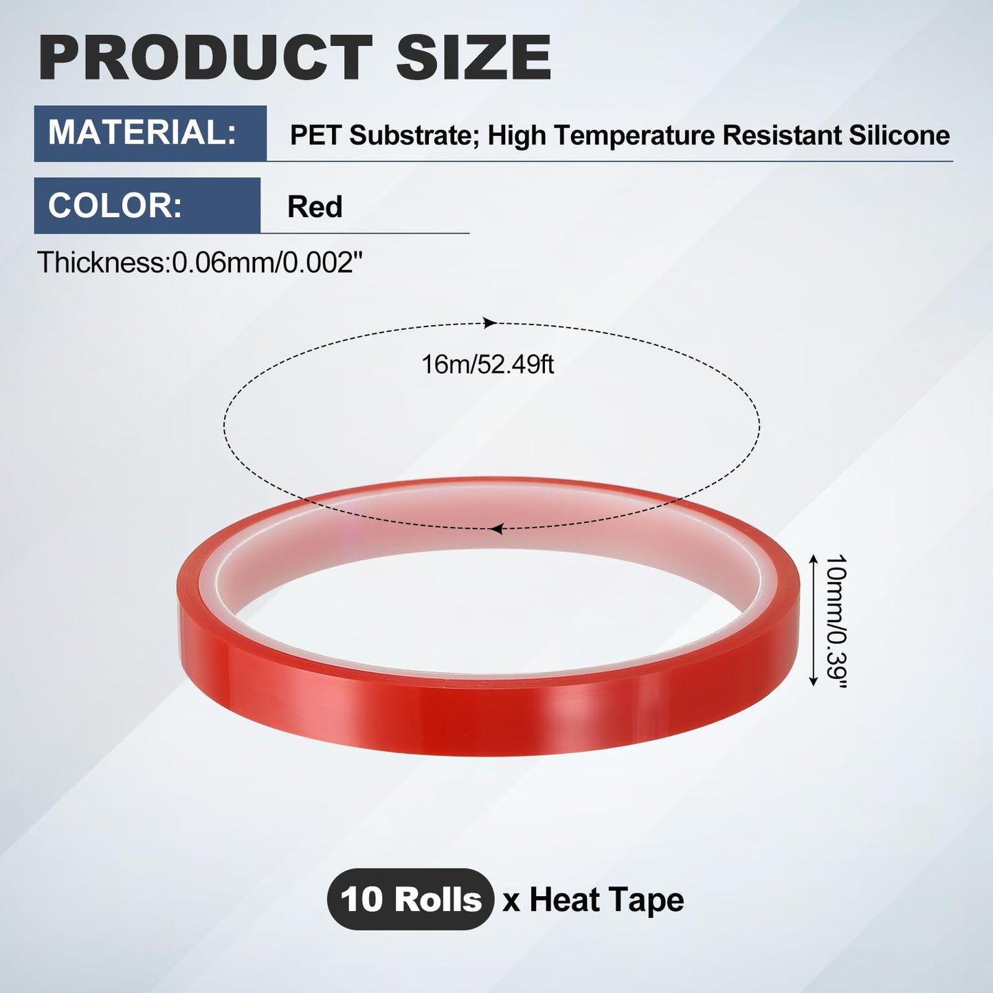 uxcell 10 Rolls Heat Tape, 10mm x 16m(52FT) No Residue High-Temperature Resistant Tape Heat Transfer Tape for Sublimation Electronics 3D Printing Soldering, Red