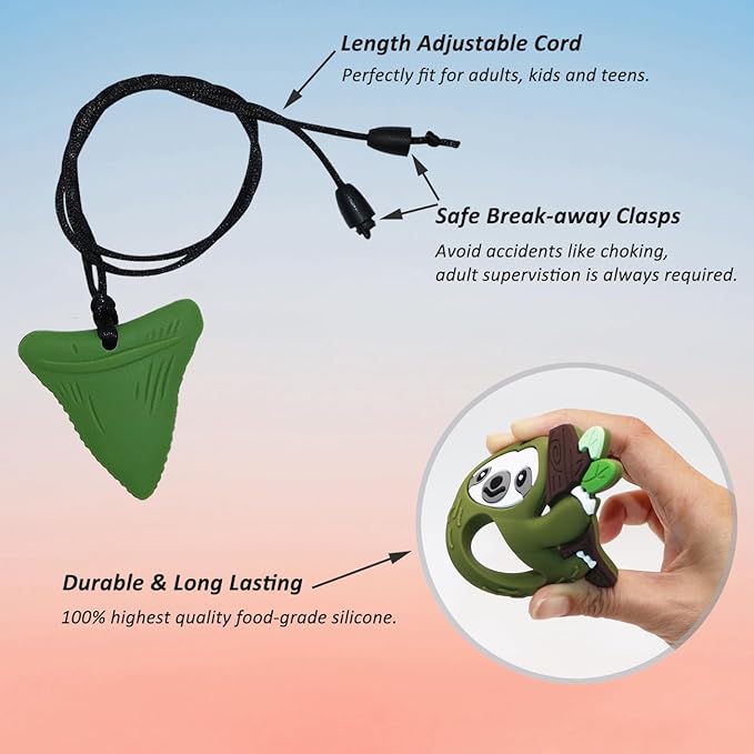 Sensory Chew Necklace for Kids Boys Girls, 4 Pack Silicone Chew Toys for Kids with ADHD Autism, Anxiety, Chewy Necklace Sensory Toys Reduce Adult Chewing Fidgeting (Green Sloth)