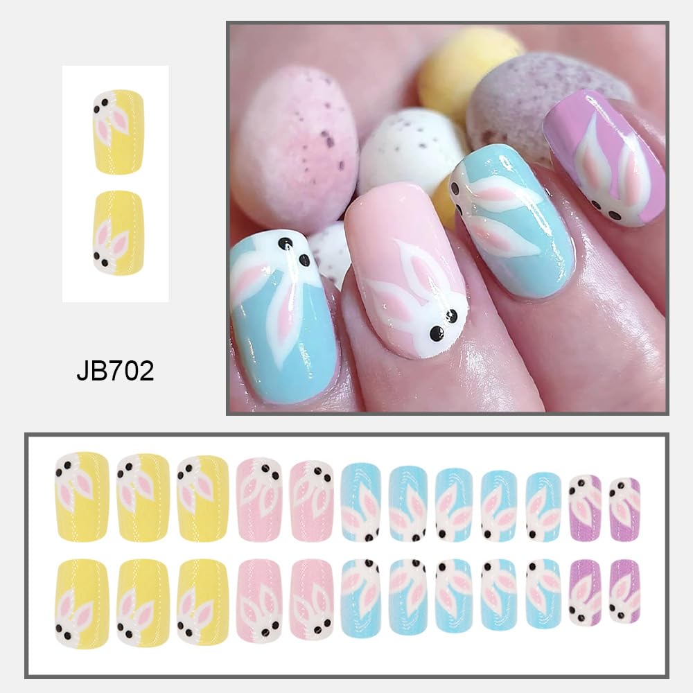 Easter Press on Nails Colorful Short Square Fake Nails with Rabbit Designs Full Cover Glossy Stick on Nails Cute Rabbit False Nails Easter Glue on Nails for Women and Girls Manicure Kit