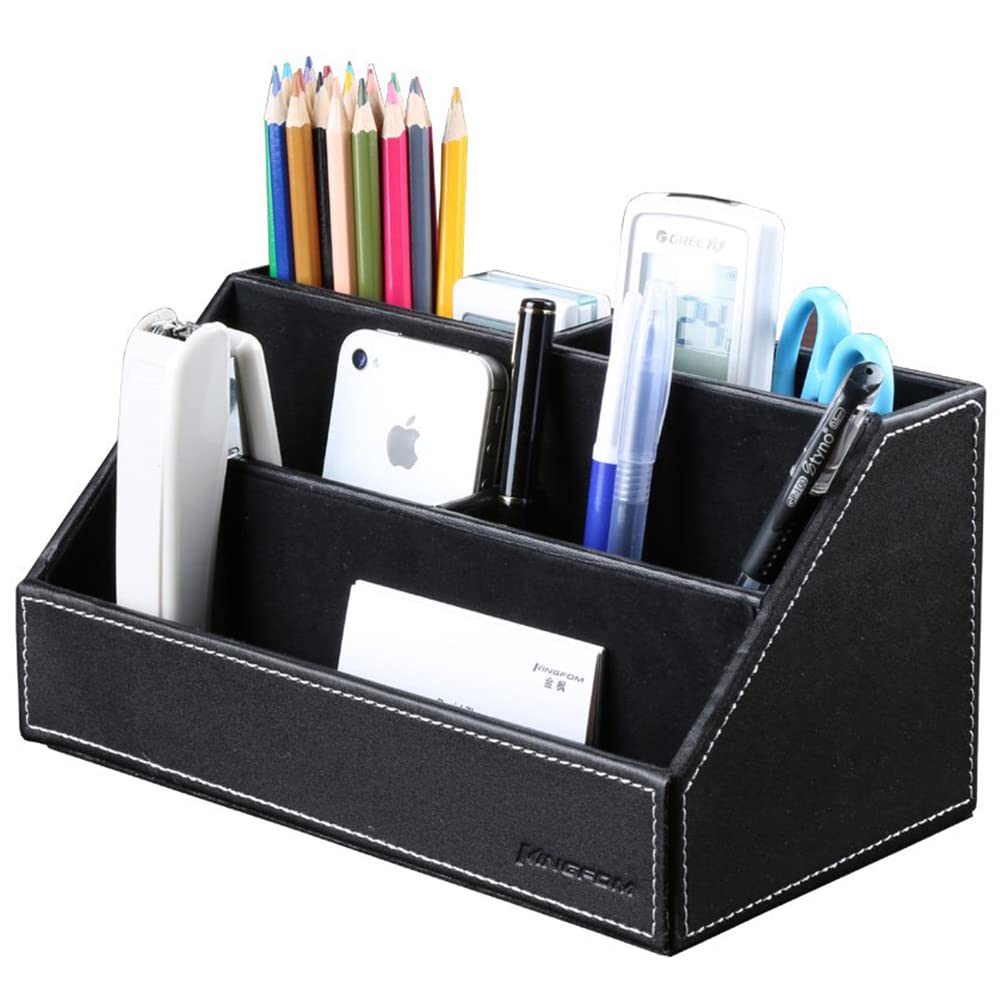 KINGFOM Pu Leather Desk Organizer with 5 Compartments Holder, Multi-Functional Office Supplies Storage Caddy for Pen/Pencil, Phones, Remote Controller and Desktop Accessorie Black