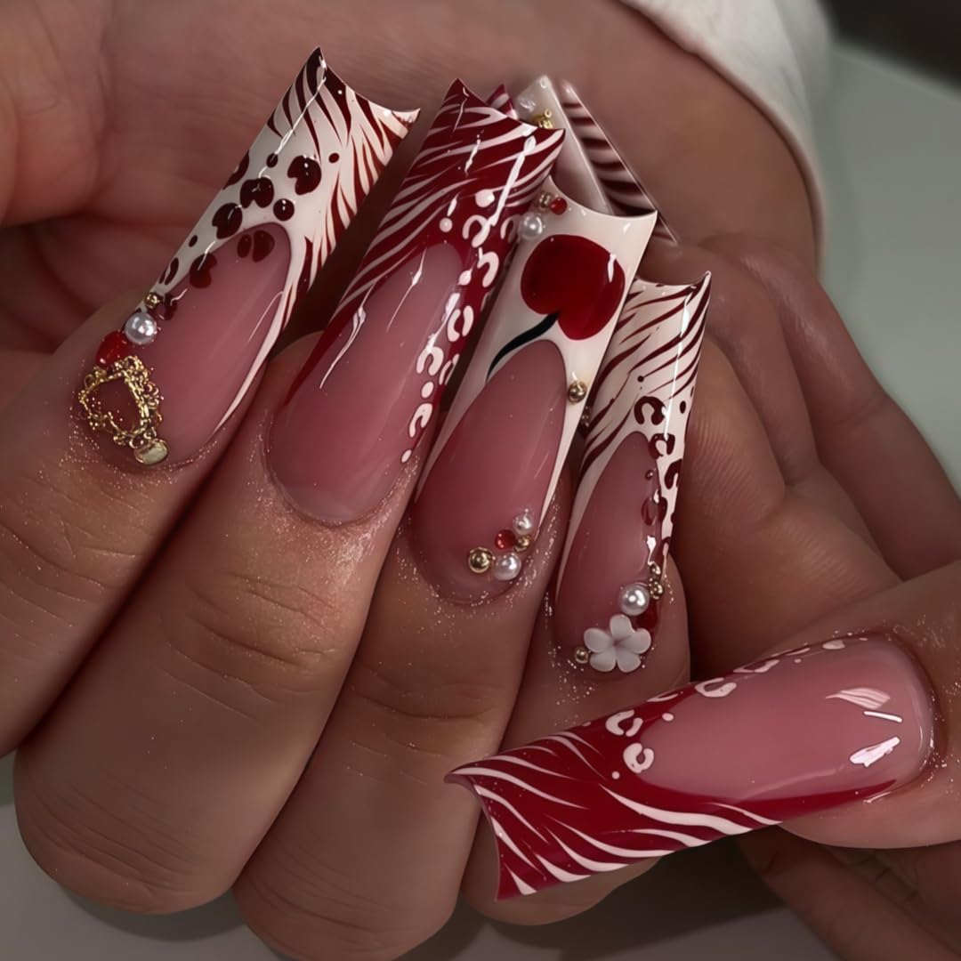 Long Press on Nails Square Fake Nails Red Acrylic Nail Press Ons Seeneey Cherry and Gold Charm Designs Leopard Stick on Nail for Women 24pcs