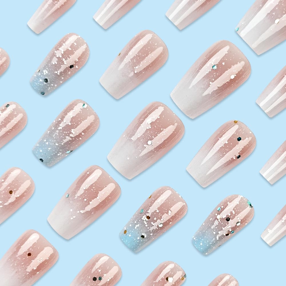 Square Press on Nails Medium Fake Nails Blue Ombre False Nails with Glitter Designs Polygon Sequins Acrylic Glue on Nails with Blue White Gradient Glitter Bling Stick on Nails for Women Girls 24 Pcs