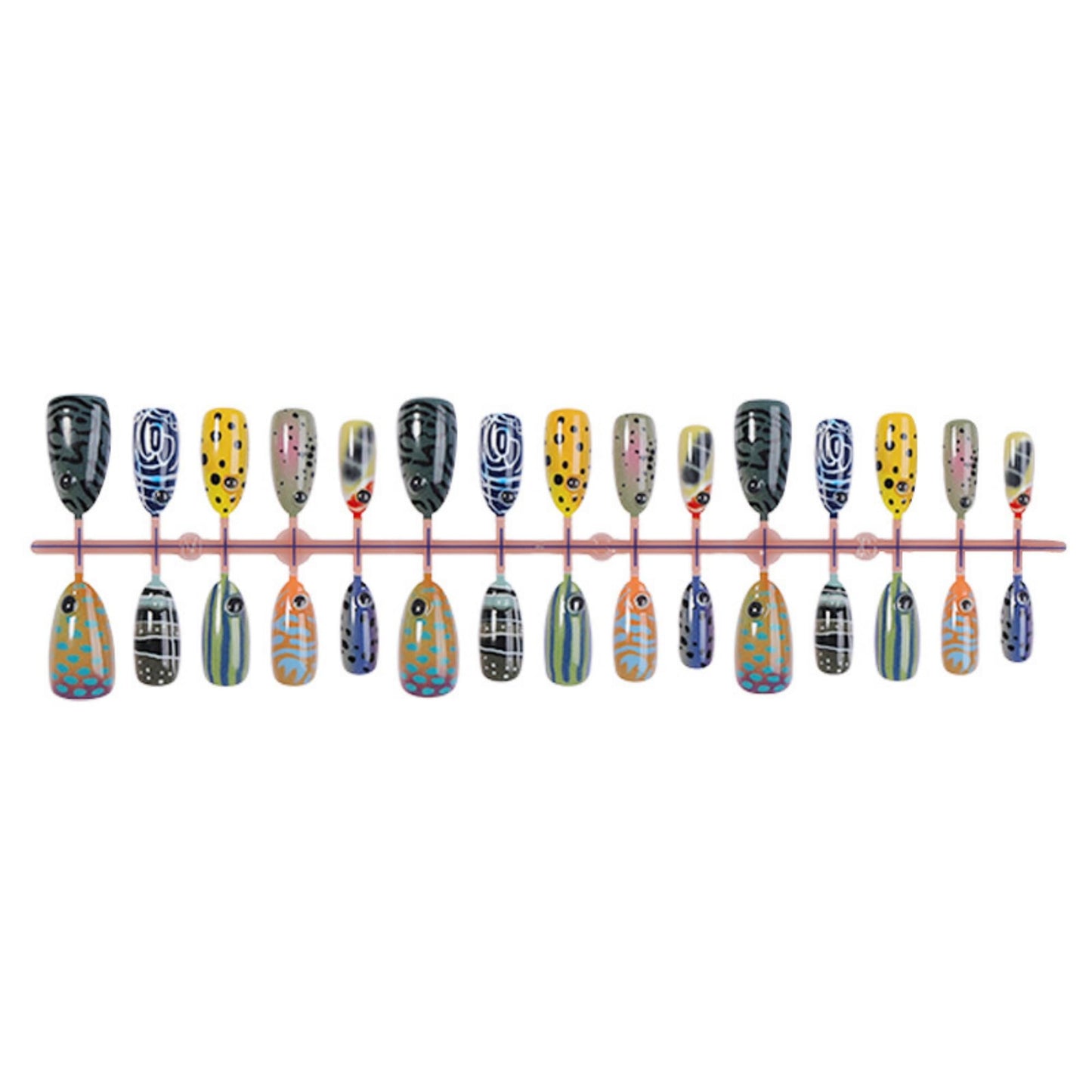 octoswave Long Almond Press on Nails with 3D Fish Patterns - Acrylic Fake Nails for Women, Ideal for Parties, Vacations & Office Wear - 30Pcs