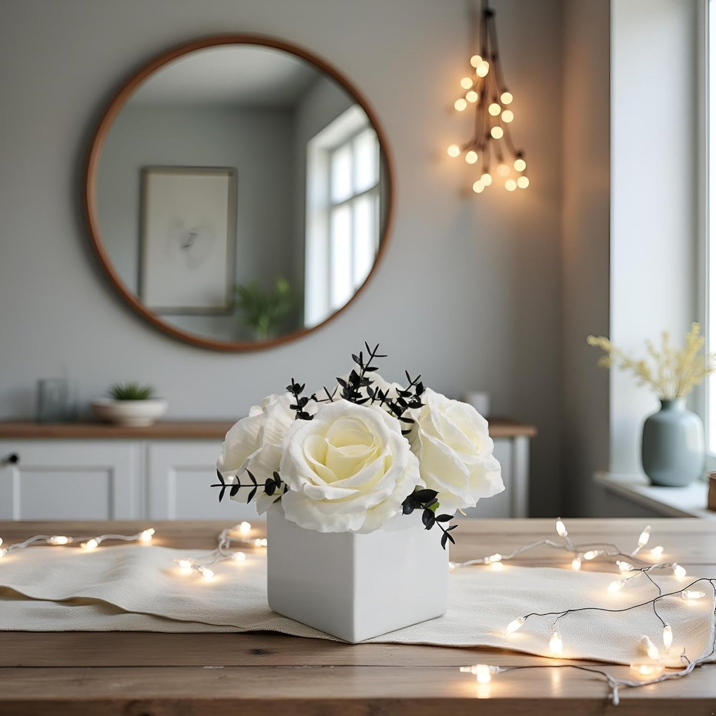 NAWEIDA Artificial Flowers with Vase, White Rose Faux Floral Arrangement with Black Eucalyptus, Minimalist Small Flower Decor for Desk, Coffee Table, Modern Home Decoration