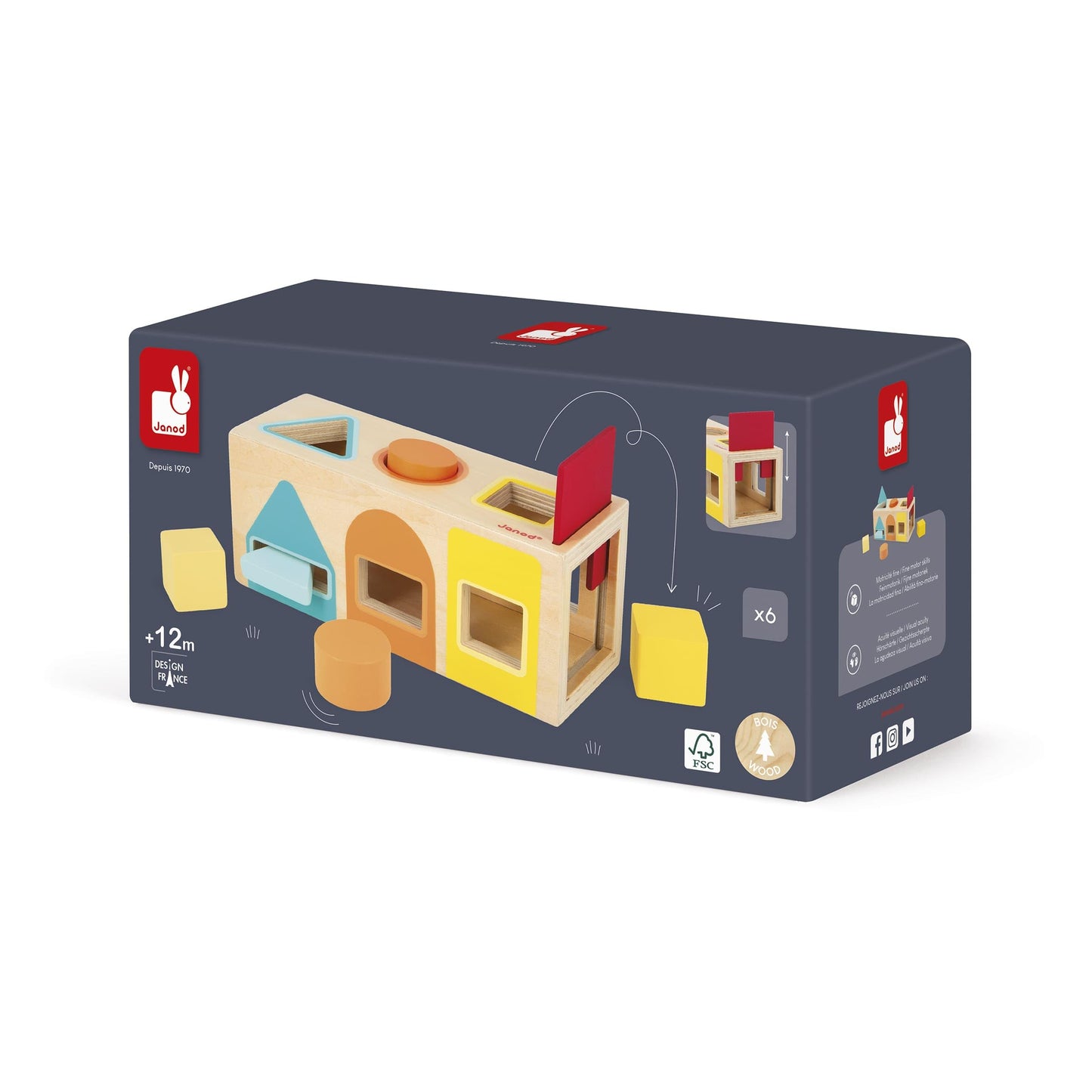 Janod Geometric Shapes 6 pc Wooden Sorting Box - Ages 12+ Months to 3 Years - J05330