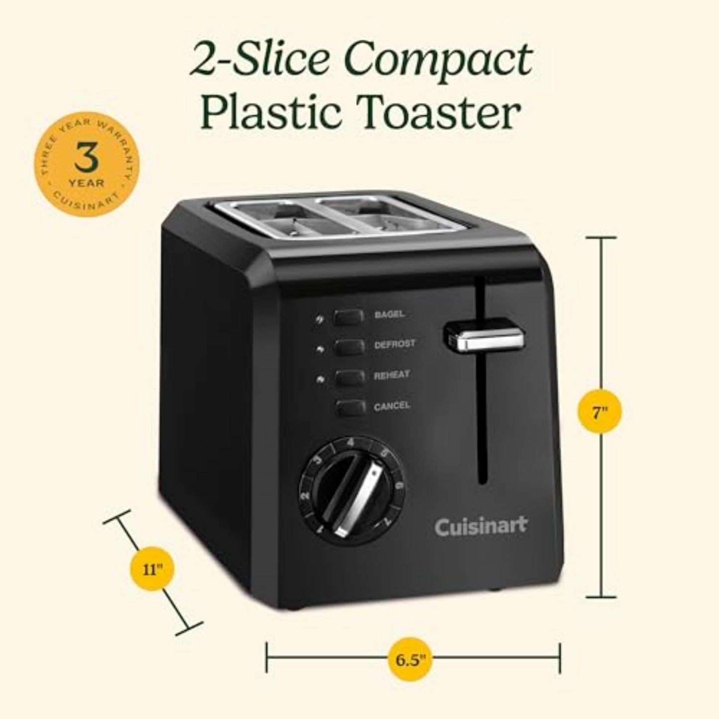 Cuisinart CPT-122BK 2-Slice Compact Plastic Toaster, Slots for Bagels & Bread, 7 Shade Settings, Cancel/Defrost/Reheat Functions, Removable Crumb Tray, Small Kitchen Appliance for Home & Office, Black