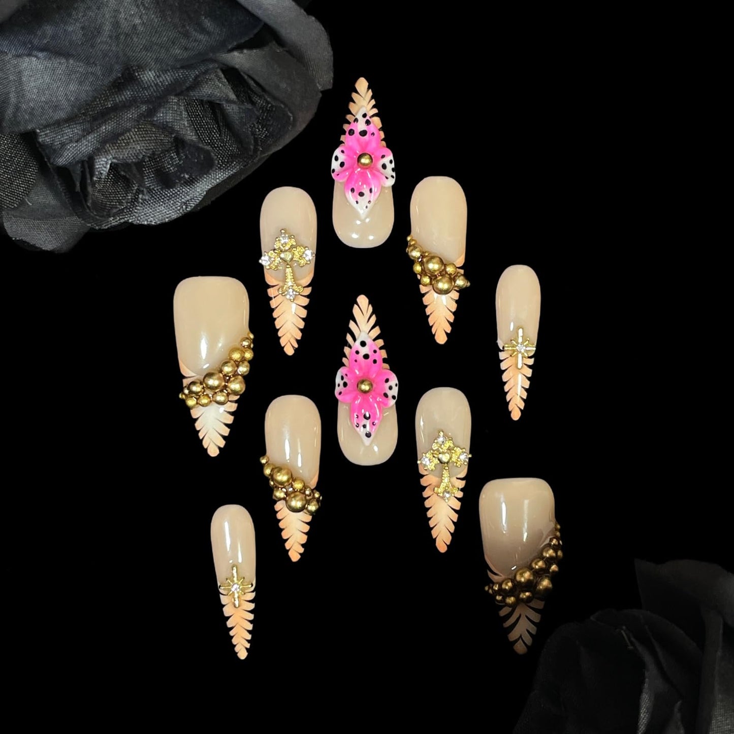 Luxury Handmade Press On Nails, Nude Pink Stiletto Tips with Gold Chains, 3D Flowers, Tiger Stripes, Reusable Acrylic False Nails (Tiger Luxe, L)