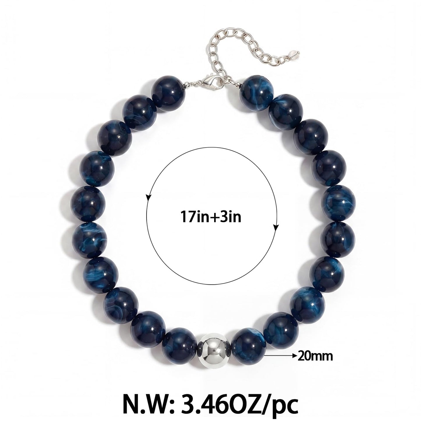 FAUTHENTICUTE Chunky Blue Beaded Choker Necklace for Women Large Montana Blue Round Bead Strand With Silver Accent Boho Bead Collar Statement Necklace Trendy Beach Summer Jewelry Gifts