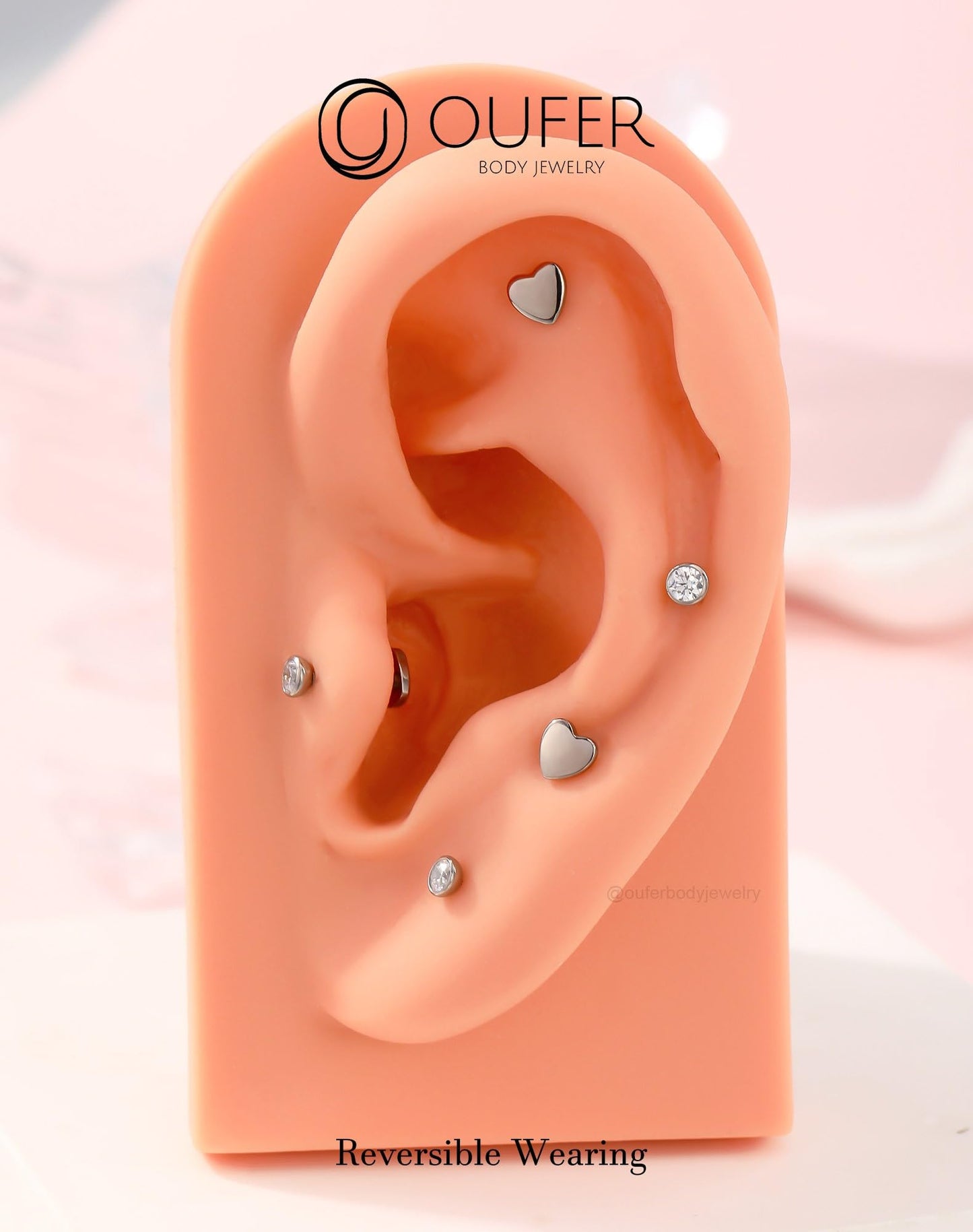 OUFER 2Pcs Conch Earring, 16G G23 Solid Titanium Threadless Stud Earrings Flat Back Heart Shaped Tiny CZ 3MM Silver Helix Cartilage Conch Lobe Piercing Jewelry for Women Men-12MM