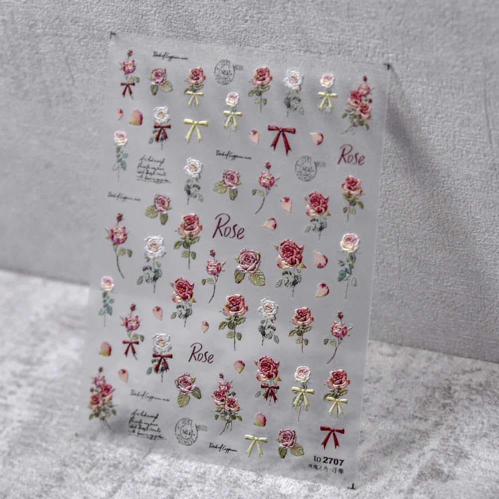 Retro Rose Nail Stickers 5D Embossed – Premium Salon-Quality Floral Nail Charm Accessories, Easy Application & Self-Adhesive Roses Red Flower Decal for DIY Manicure, Nail Art, Press on, Home or Salon