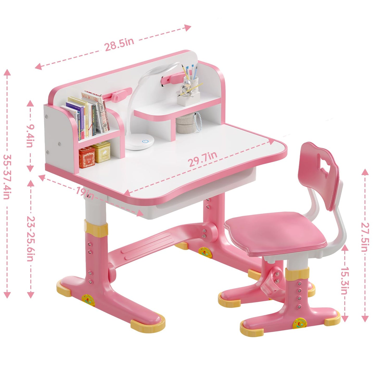 Xaperexi Kids Desk and Chair Set, Height Adjustable Child's School Study Writing Tables, Kids Desk with Bookstand and Storage Drawer, Widened Desktop with Desktop for Boys and Girls