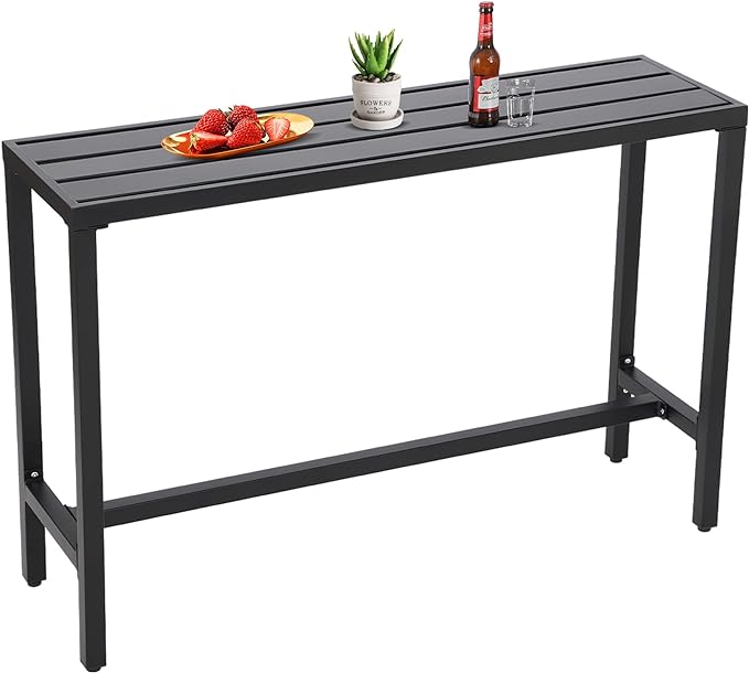 Outdoor Bar Table, Patio Console Pub Height Tables with Powder Coated Steel Frame, Weather Resistant Waterproof Top for Hot Tub, Balcony, Garden, Yard, Poolside (Black, 55" Bar Table)