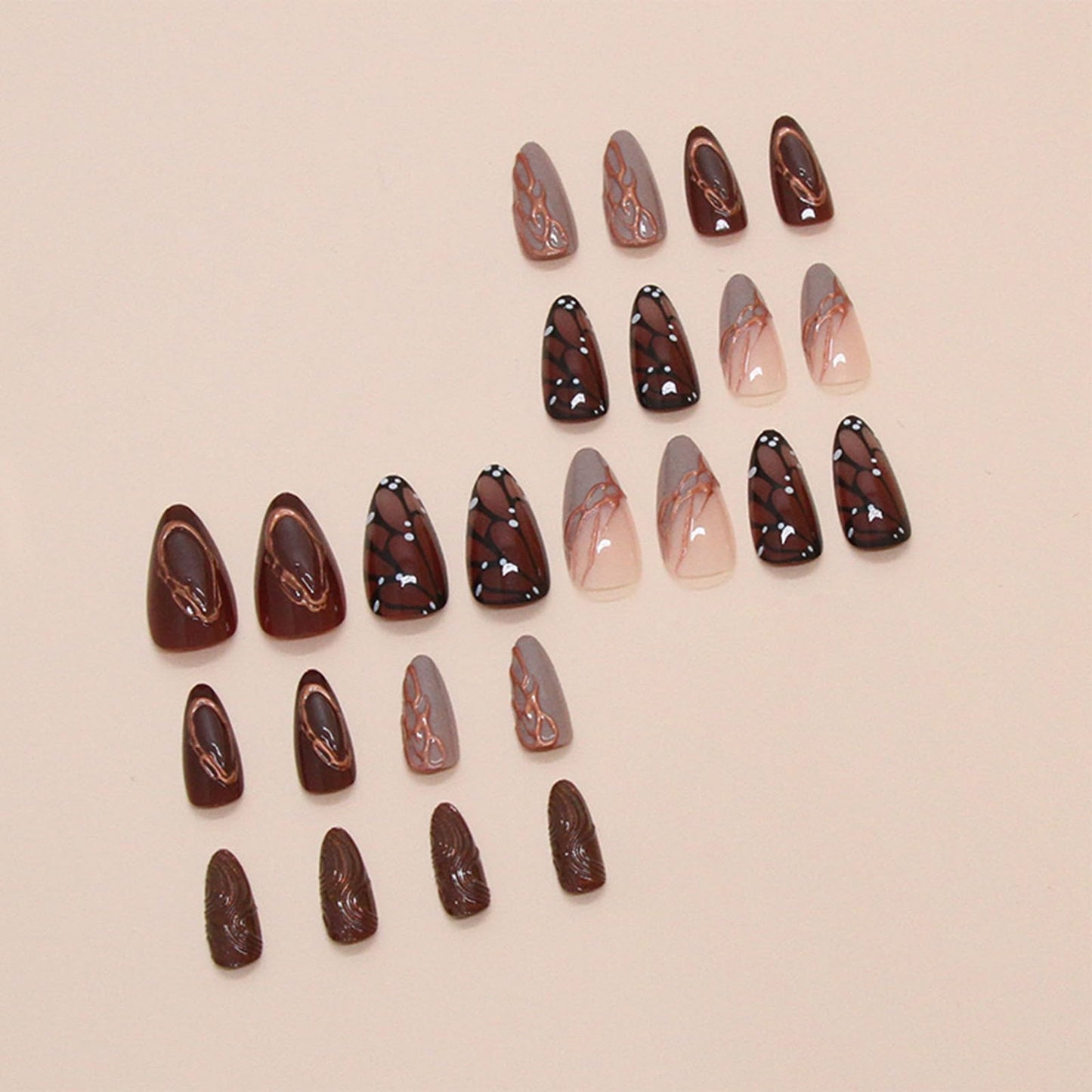 IMRAIN Brown Press on Nails Medium Almond Fake Nails Fall Butterfly Glossy Artificial False Nails Full Cover Golden Line Stick on Nails for Women Girls