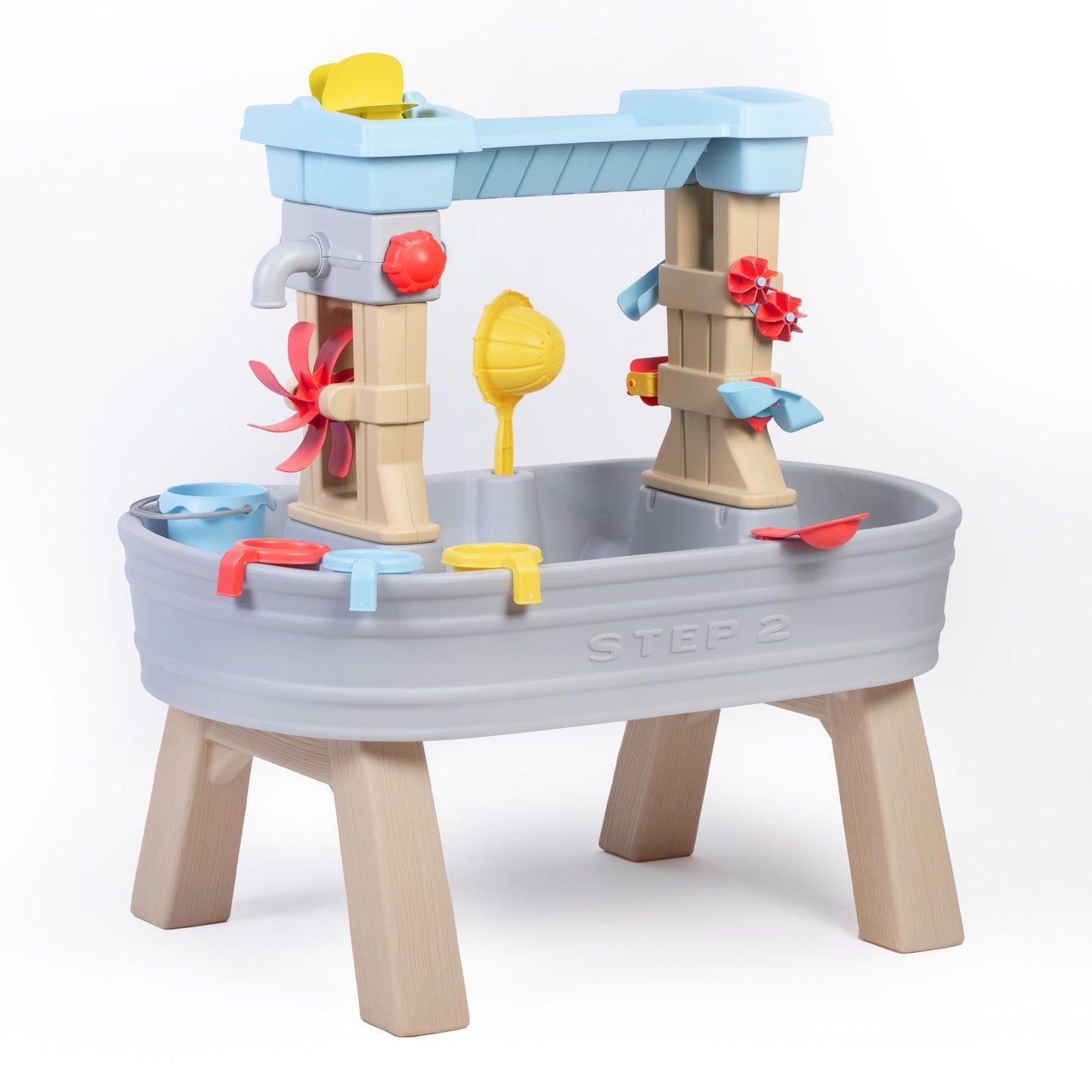 Step2 Rain Showers & Flow Kids Water Table, Outdoor Toddler Activity Table, 15-Piece Accessory Set, Ages 1.5+ Years Old, Multicolor (Gray, Blue, Red)