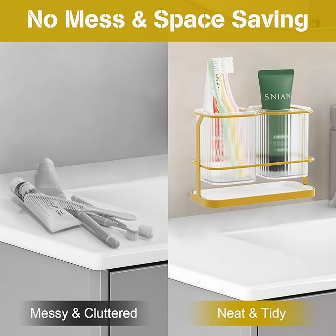 Gold Toothbrush Holders for Bathrooms, 2 Cups Toothbrush Holders Wall Mounted, Dry & Wet Separation, Bathroom Organizer and Storage - Bathroom Toothbrush Holder Set for Family Kids