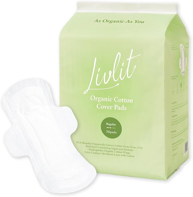 Regular Size Ultra Thin Sanitary Pads, 100% Organic Cotton from Texas, Powerful Leak Protection, Unscented, Chlorine Free and Absorbency of Feminine Periods, Pads for Women (36 Count)