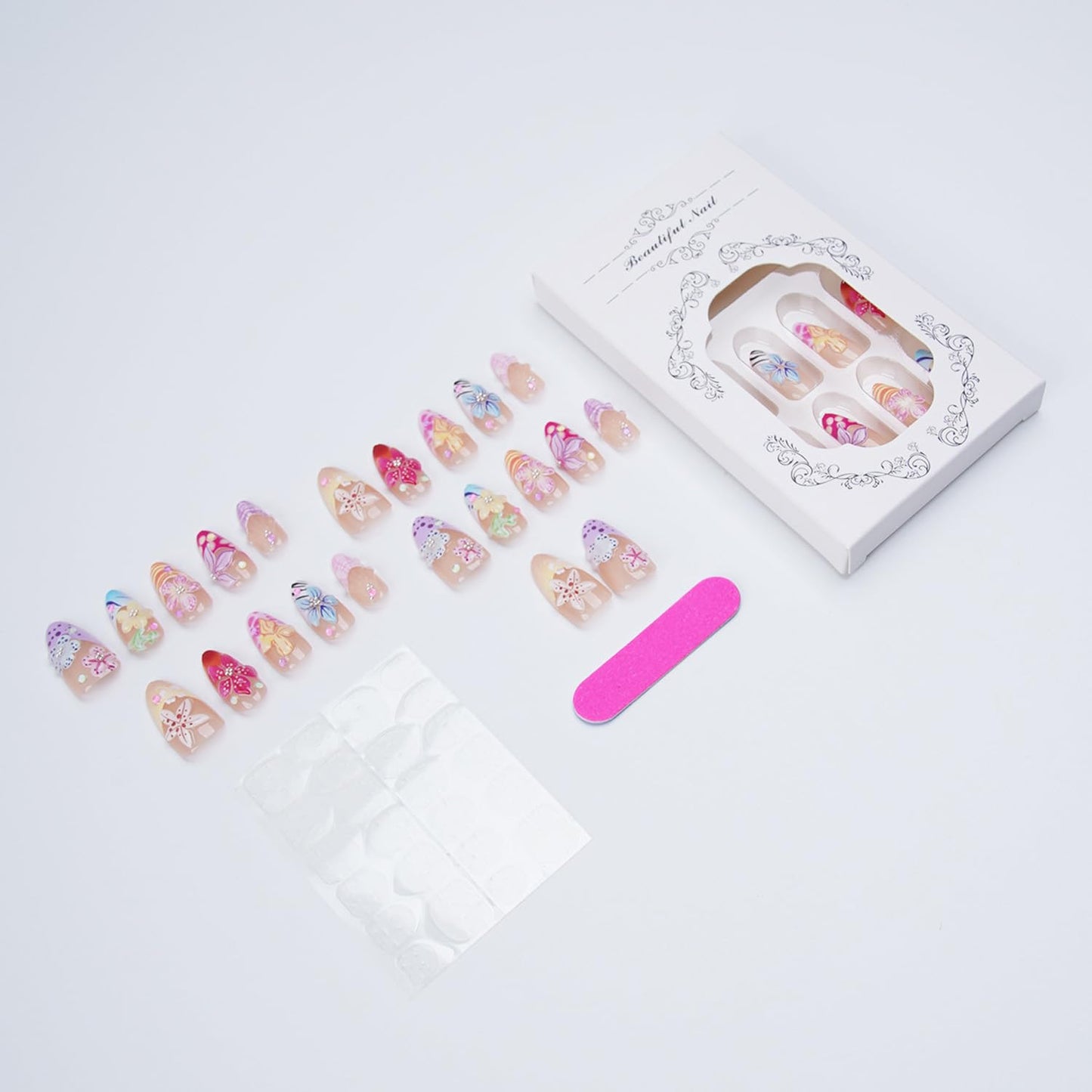 3D Flower Press on Nails, Medium Almond Shaped Colorful Floral Fake Nails with Rhinestone Designs,Cute False Nails with Glue Tabs Reusable Acrylic Stick on Nails for Summer Beach Vacation 30Pcs