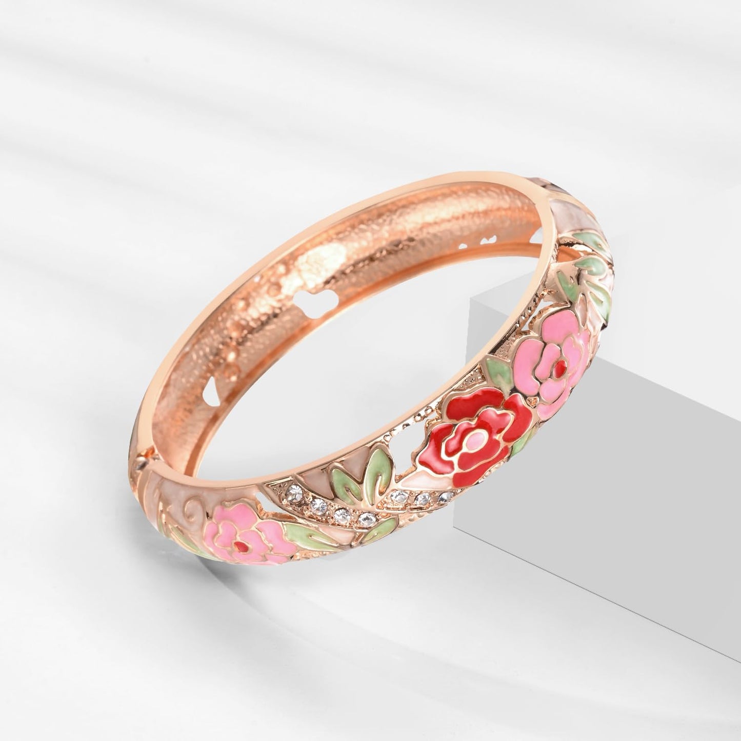 UJOY Bangles 5 Pcs Enamel Jewelry Set Rose Gold Flower Engraved Cloisonne Bracelets Pack in a Box 5PCS-88A