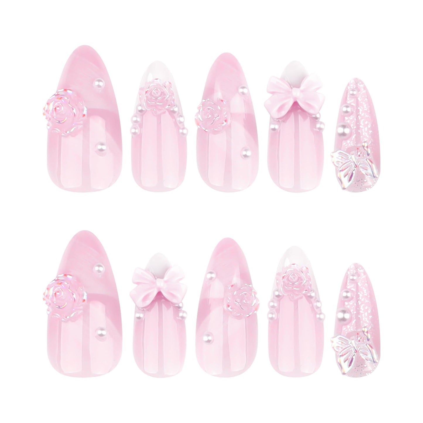 CTTHNBD Press on Almond Nails - Medium Fake Nails with Bow Flower Charms Design - White French Tip False Nails for Women 24 Pcs