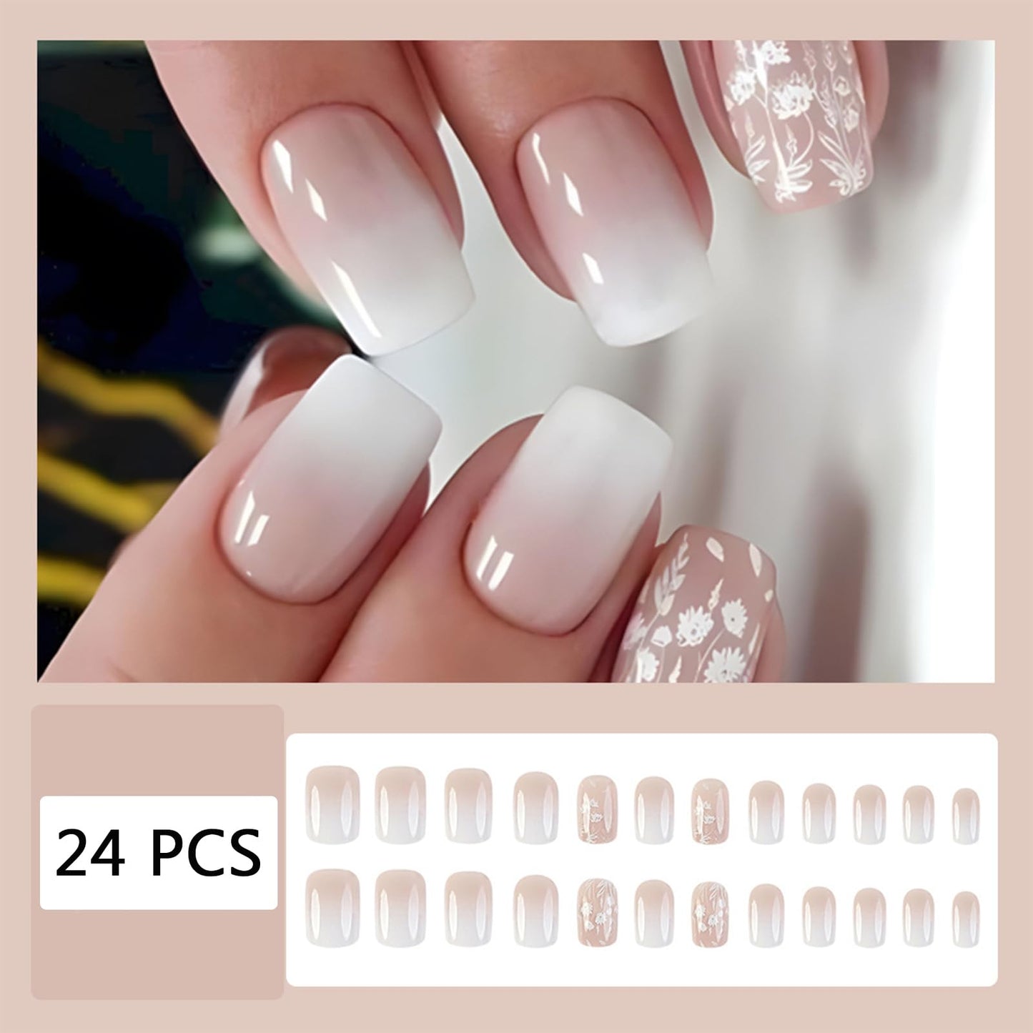 White Gradient Press-On Nails Short Square False Nails with Flower and Leaf Design Glossy Nude Gradient Nail Art Stickers for Women Girls DIY Nail Art Decoration 24 Pieces