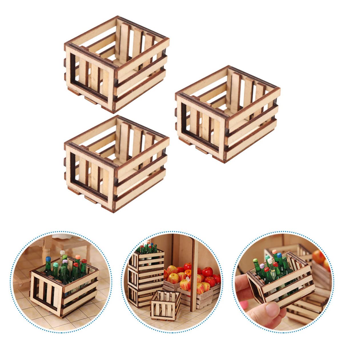 Toyvian 3PCS Miniature Dollhouse mini Baskets Miniature Craft mini Storage Baskets Crate, Wooden Milk
