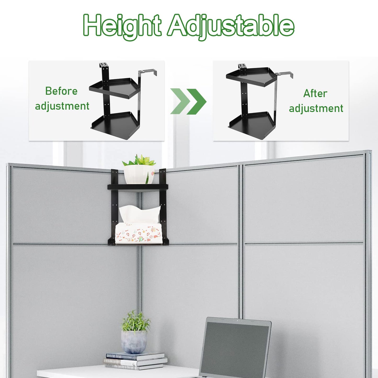 Olpchee Office Cubicle Shelf, Cubicle Storage, Shelf Organizer Accessories, Height Adjustable Hanging Corner Shelf with Adjustable Hooks (Black, Double Layer)