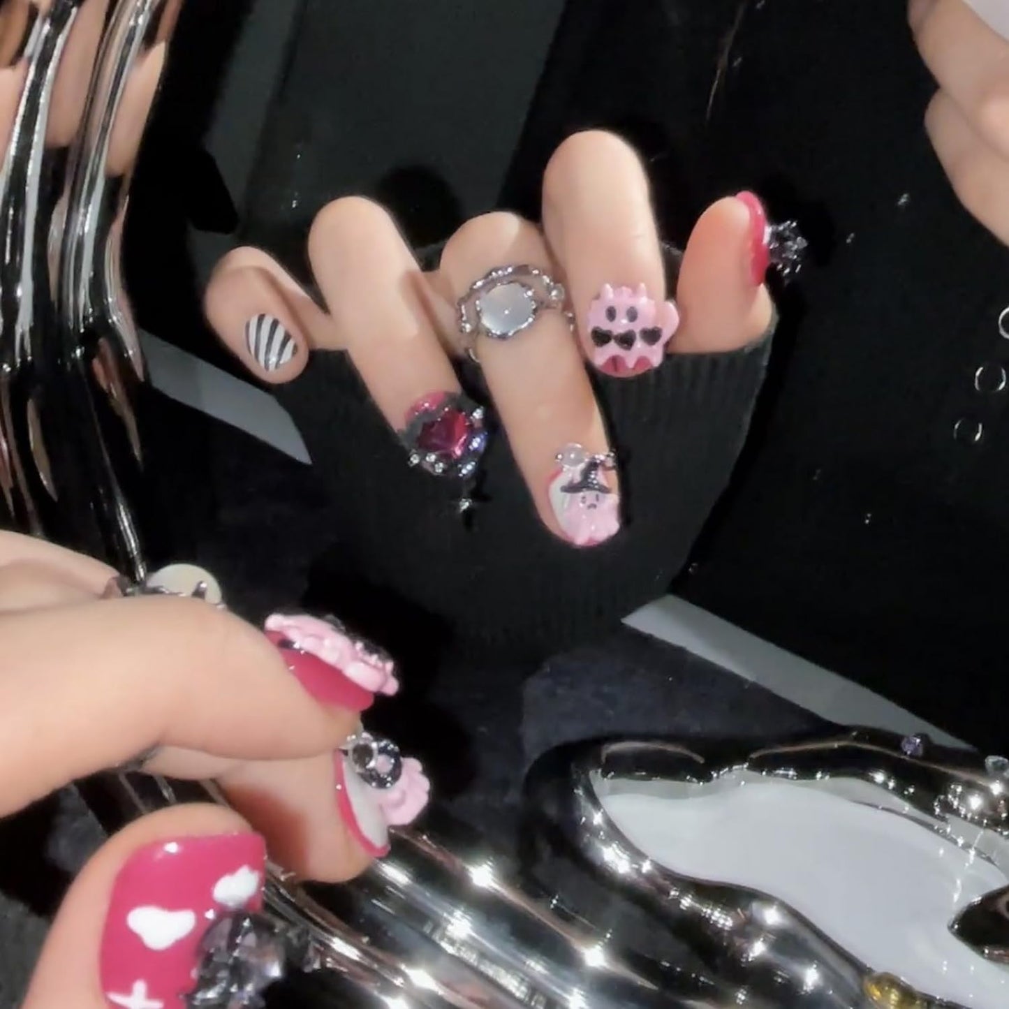 Halloween Press on Nails Short Square Cute Handmade Nails 3D Unique Reusable ABS Material Fake Nails Pink False Nails with Designs Cute Ghost Heart Charms Glossy Glue on Nail Thick Acrylic Nail(M)