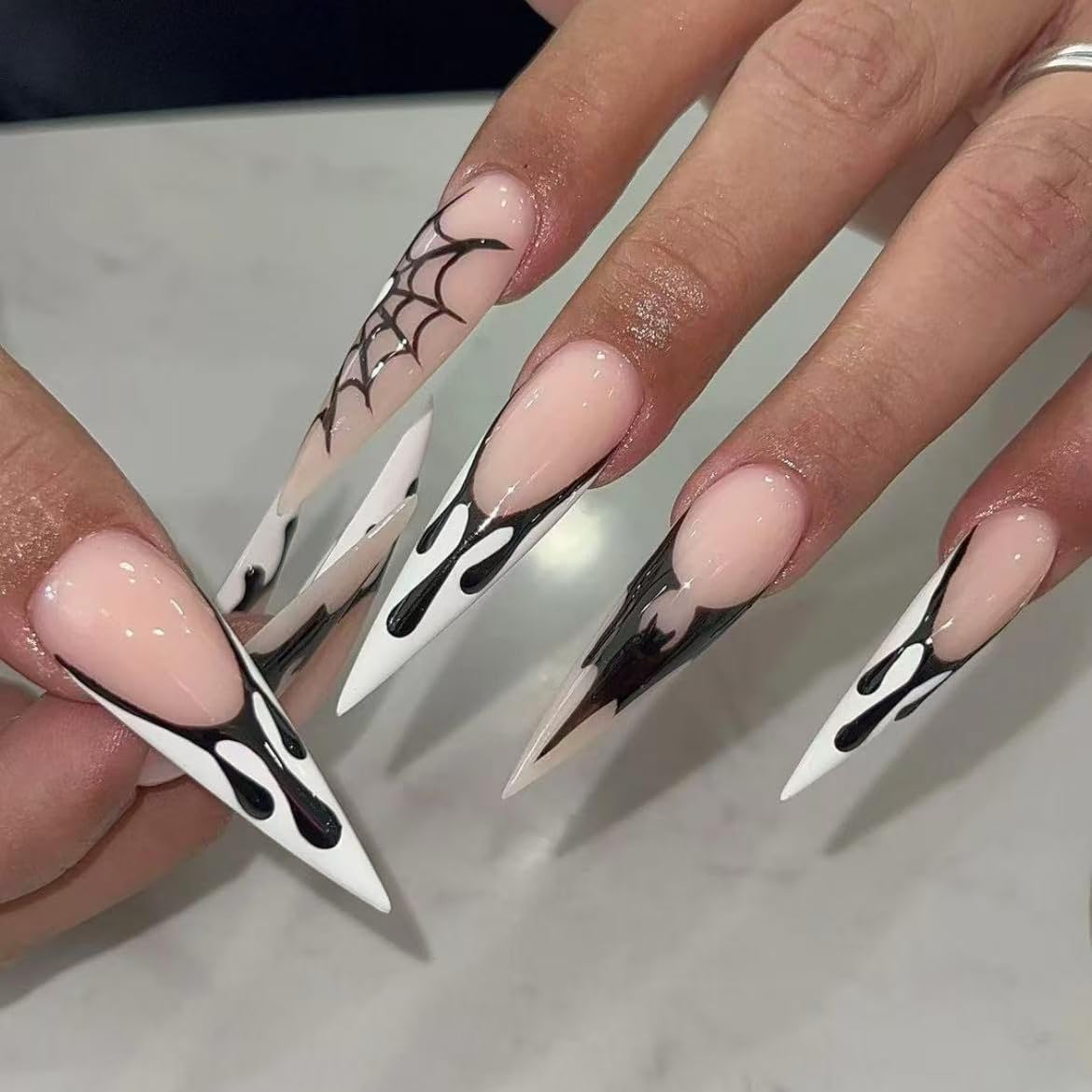 10Pcs Handmade Nails Press On, Long almond Glossy Halloween Coffin Press on Nails, White & Black with spider web, Reusable Quality Fake Nails (MT-148-L)