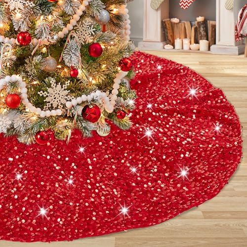 Red Christmas Tree Skirt 48 Inches Glitter Sequin Tree Skirt Embroidered Velvet Tree Mat Large Tree Skirts for 6ft Xmas Trees
