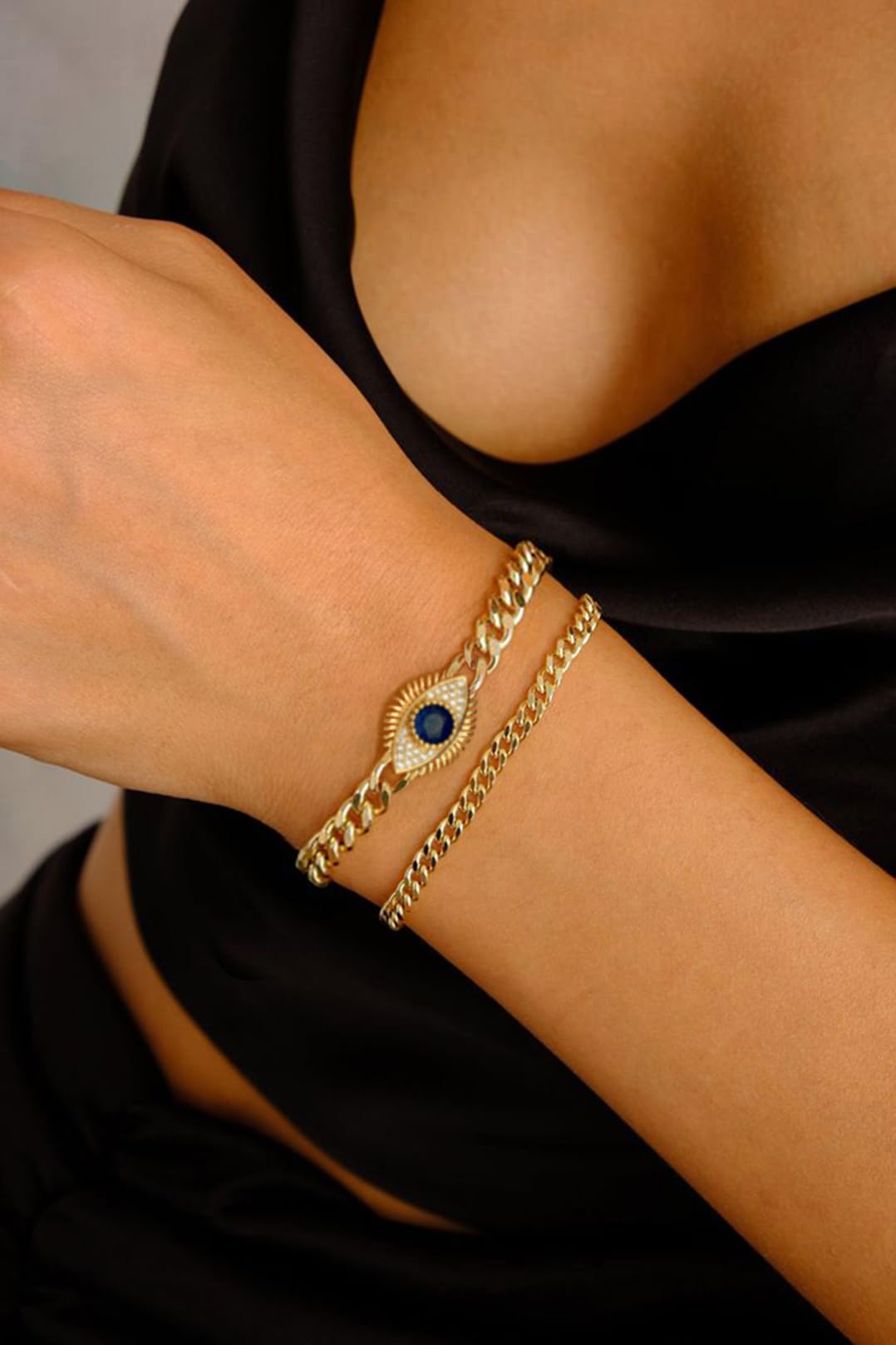 SOFYBJA Dainty 18K Gold Plated Devil’s Eyes Cuban Link Bracelet for Women Adjustable Bracelet Layered Handmade Jewelry