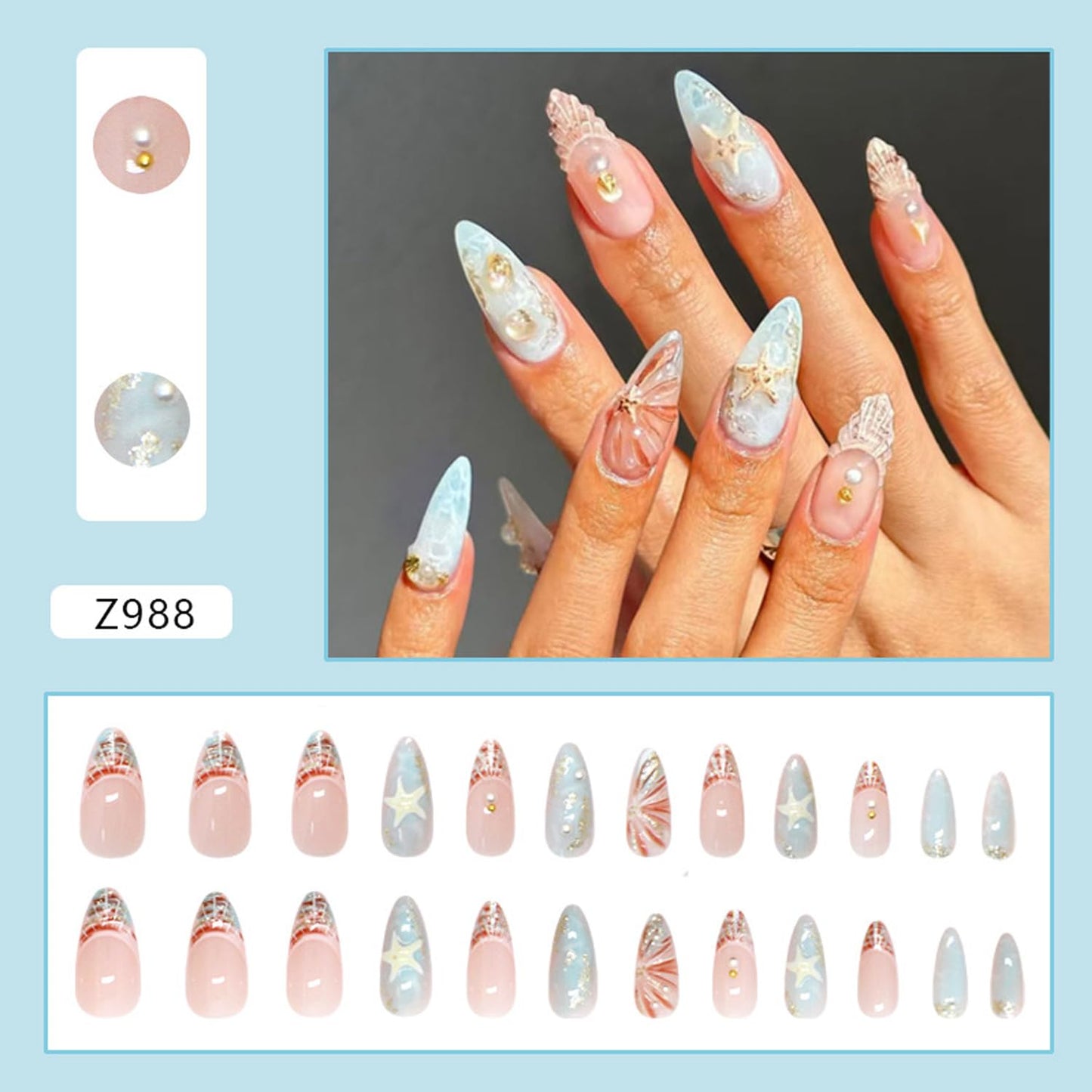 Summer Blue Sea Press on Nails Medium-Length Almond Press on Shell French Tips Fake Nails Starfish False Nails with Pearl Designs Acrylic Nails 3D Waves Texture Stick on Nails for Women Manicure 24Pcs