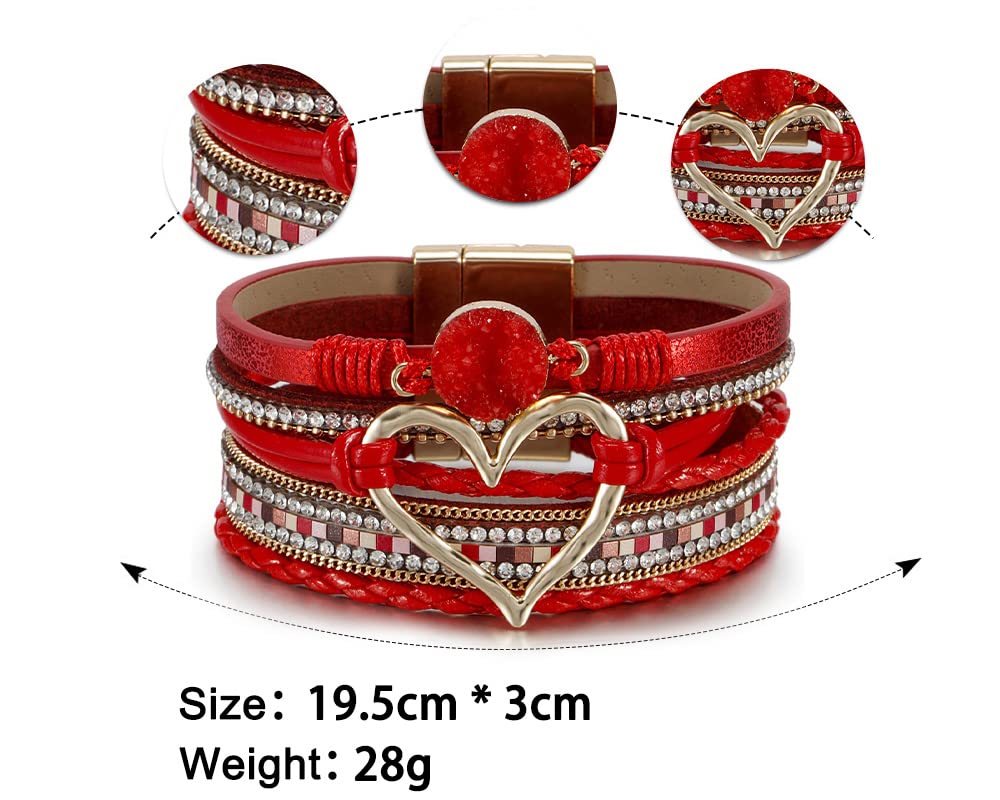 Leopard Bracelet for Women, Boho Leather Wrap Multi-Layer Pearl Crystal Bracelet Bangle Jewelry (Heart Leather(Red))