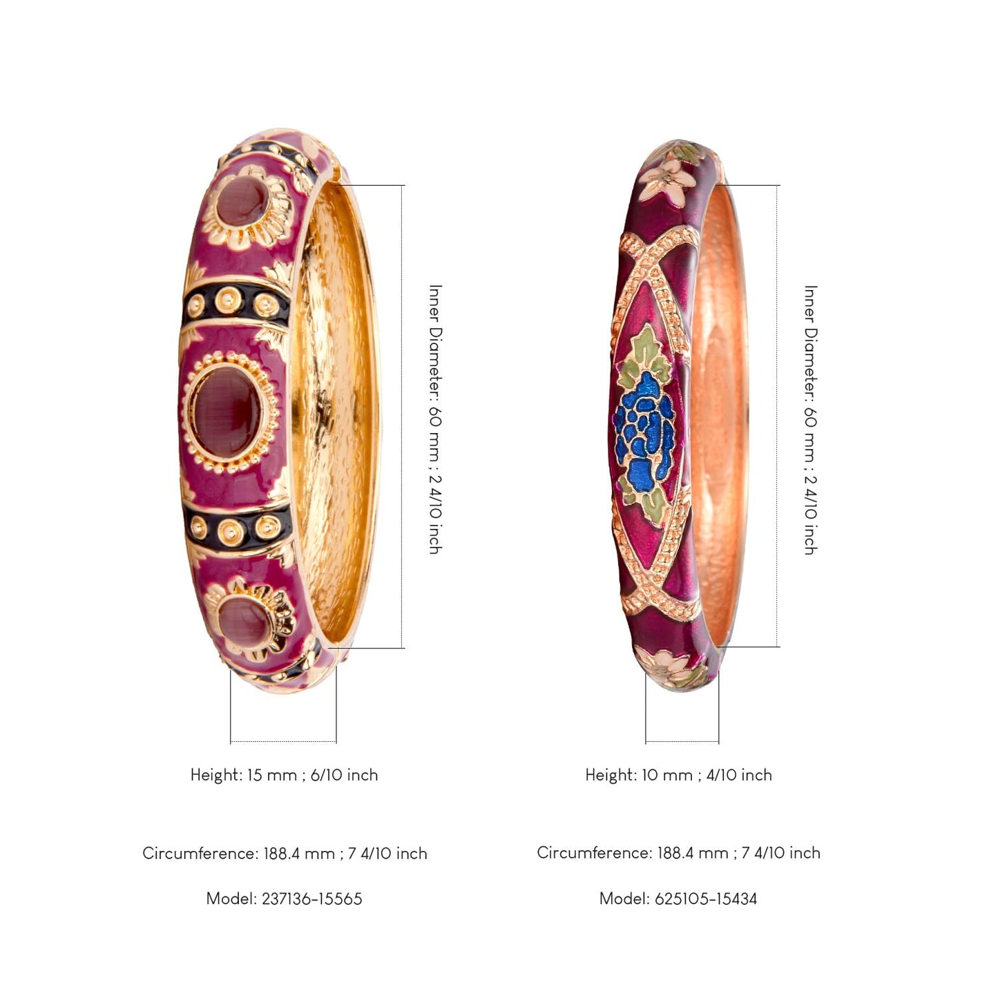 UJOY Vintage Cloisonne Jewelry Bracelet Plated Handmade Bead Rhinestones Enamel Spring Cuff Bangles 2 Pcs Set for Womens Gift 7735-55A128 Purple