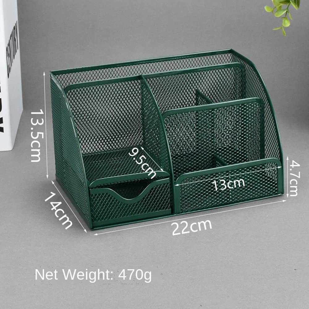 UNVARYSAM Green Desk Organizer Mesh Drawer Storage Accessories with 6 Compartments and Drawer, Desktop Caddy Storing Stationery Trinkets Cosmetics Jewelry Electronic Gadgets for Workspace Classsroom